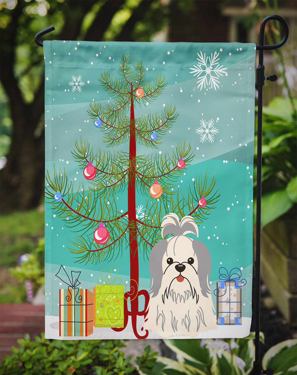 Merry Christmas Tree Shih Tzu Silver White Garden Flag Mailbox Decorative Yard Banner Outside Patio Artwork for Flower Beds, Garden Size, Multicolor