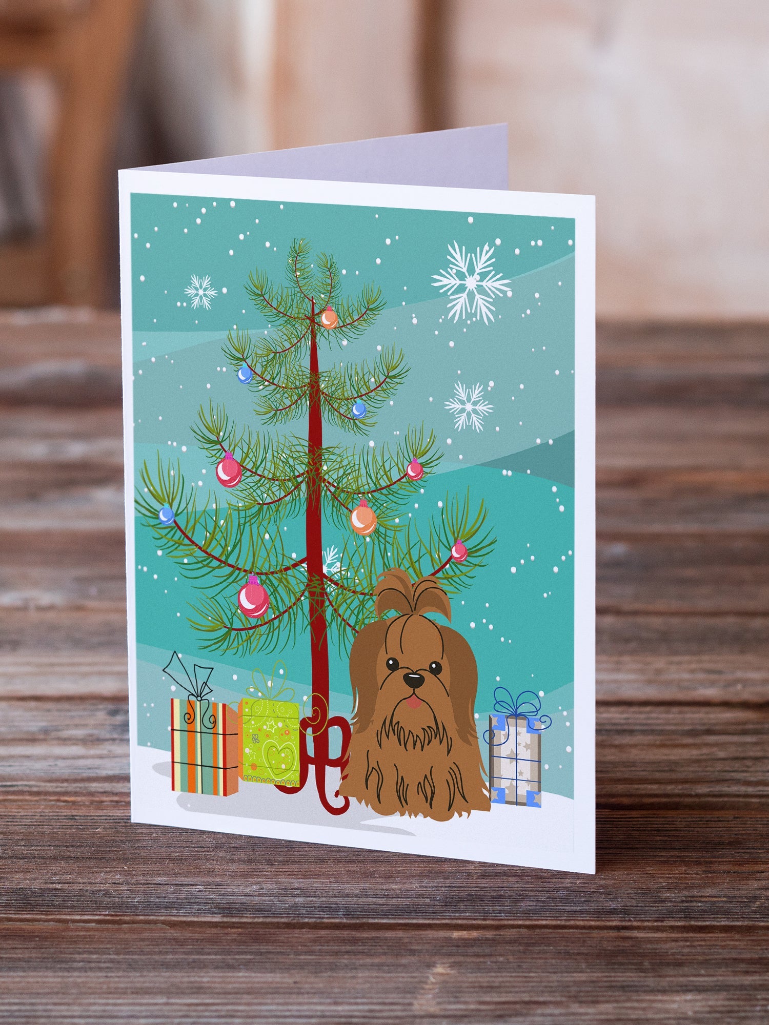 Merry Christmas Tree Shih Tzu Silver Chocolate Greeting Cards Pack of 8 Blank Cards with Envelopes Whimsical A7 Size 5x7