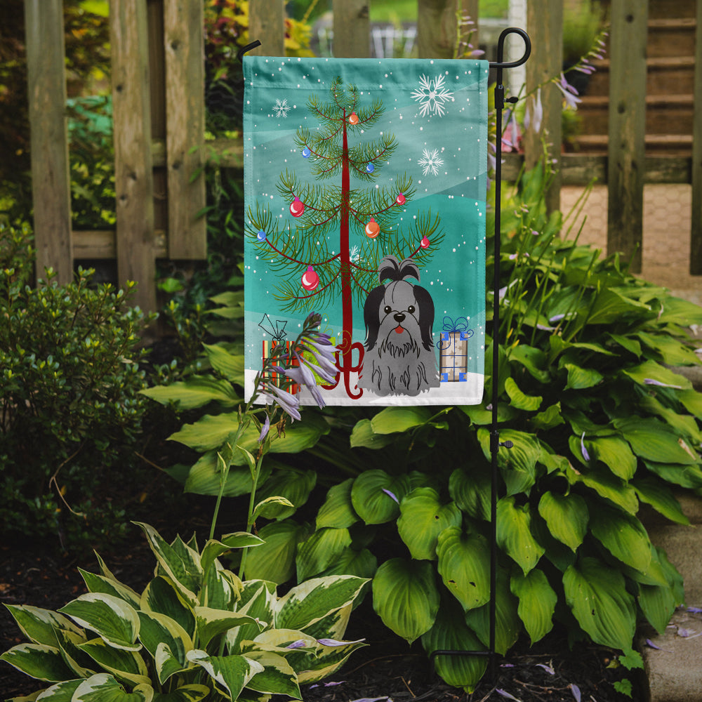 Merry Christmas Tree Shih Tzu Black Silver Garden Flag Mailbox Decorative Yard Banner Outside Patio Artwork for Flower Beds, Garden Size, Multicolor