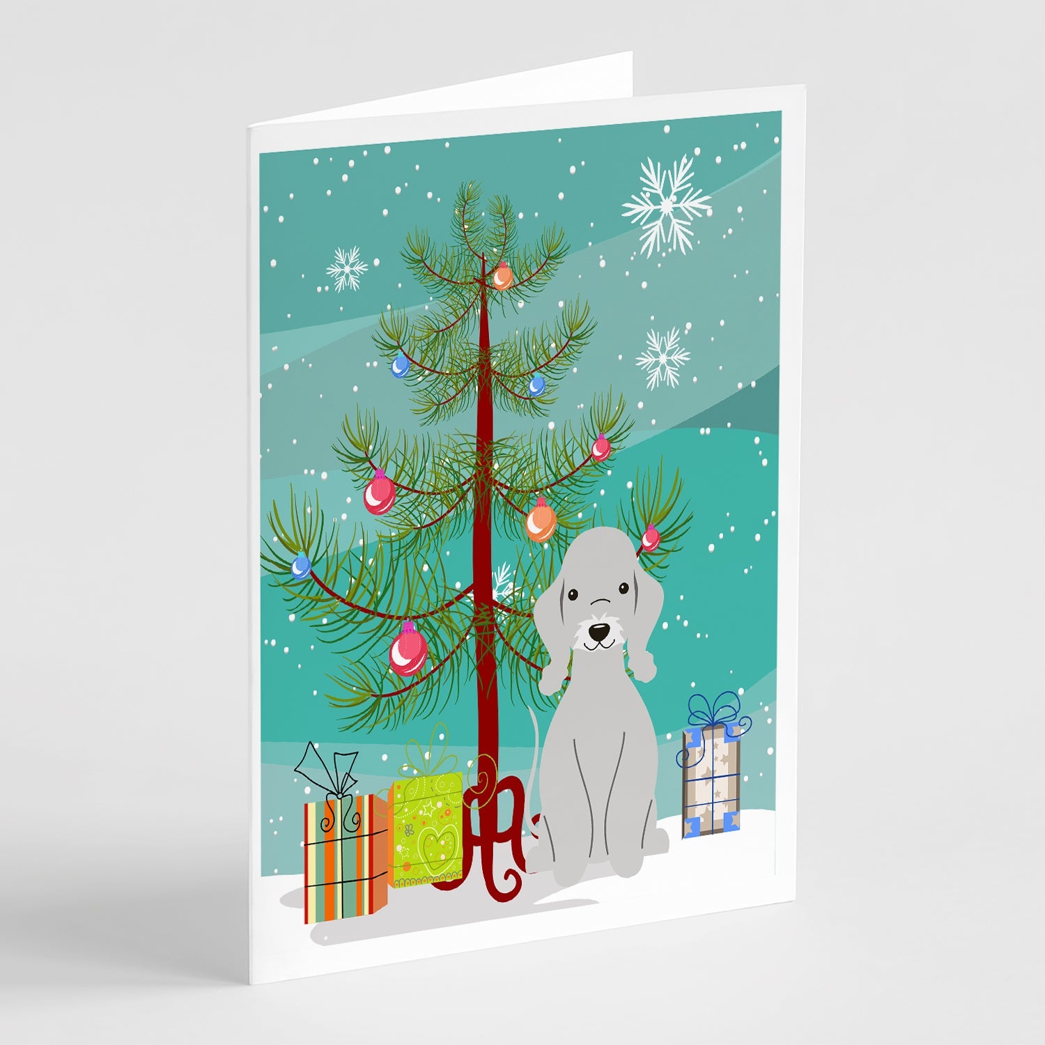 Merry Christmas Tree Bedlington Terrier Blue Greeting Cards Pack of 8 Blank Cards with Envelopes Whimsical A7 Size 5x7