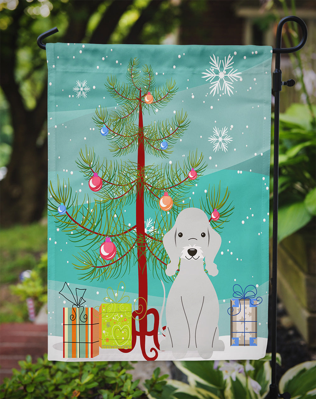 Merry Christmas Tree Bedlington Terrier Blue Garden Flag Mailbox Decorative Yard Banner Outside Patio Artwork for Flower Beds, Garden Size, Multicolor