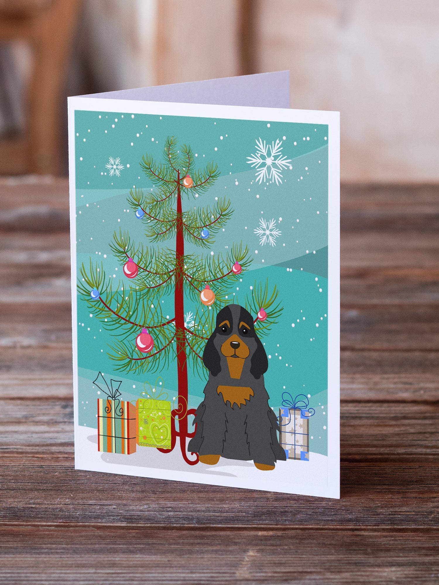 Merry Christmas Tree Cocker Spaniel Black Tan Greeting Cards Pack of 8 Blank Cards with Envelopes Whimsical A7 Size 5x7