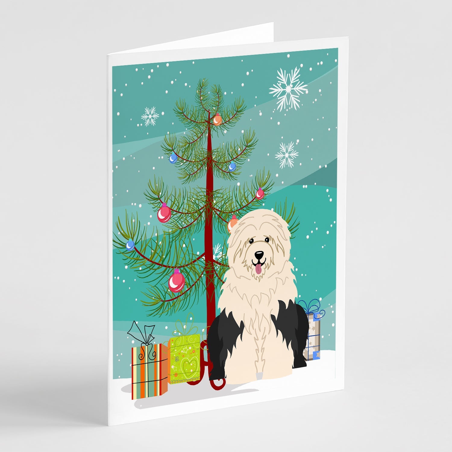 Merry Christmas Tree Old English Sheepdog Greeting Cards Pack of 8 Blank Cards with Envelopes Whimsical A7 Size 5x7