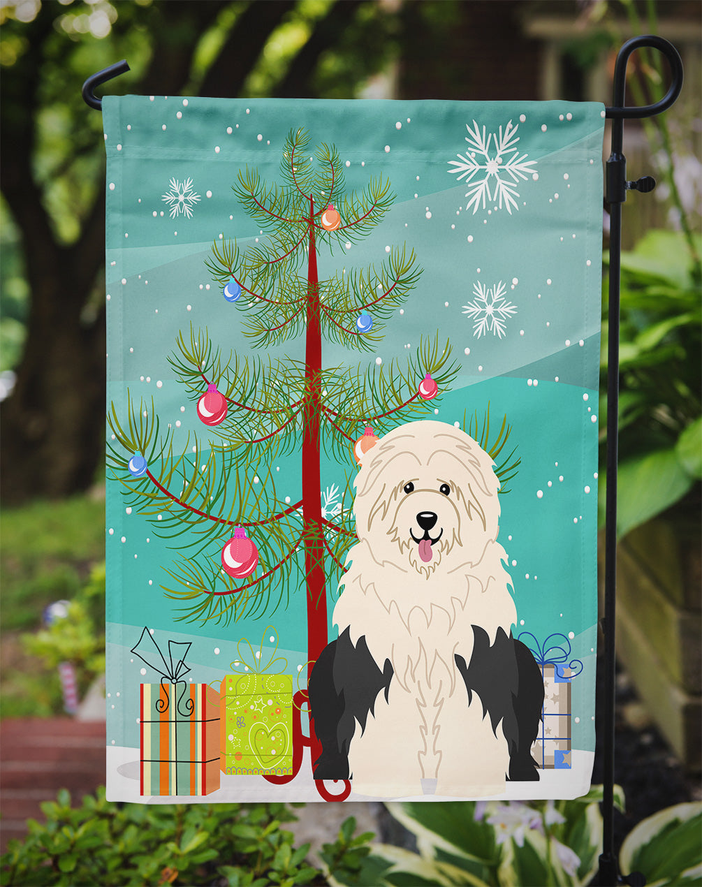 Merry Christmas Tree Old English Sheepdog Garden Flag Mailbox Decorative Yard Banner Outside Patio Artwork for Flower Beds, Garden Size, Multicolor