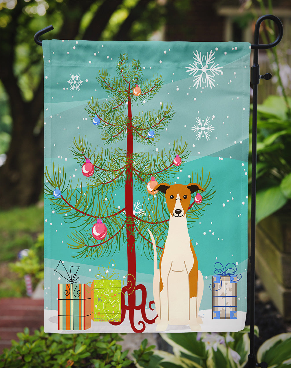 Merry Christmas Tree Whippet Garden Flag Mailbox Decorative Yard Banner Outside Patio Artwork for Flower Beds, Garden Size, Multicolor