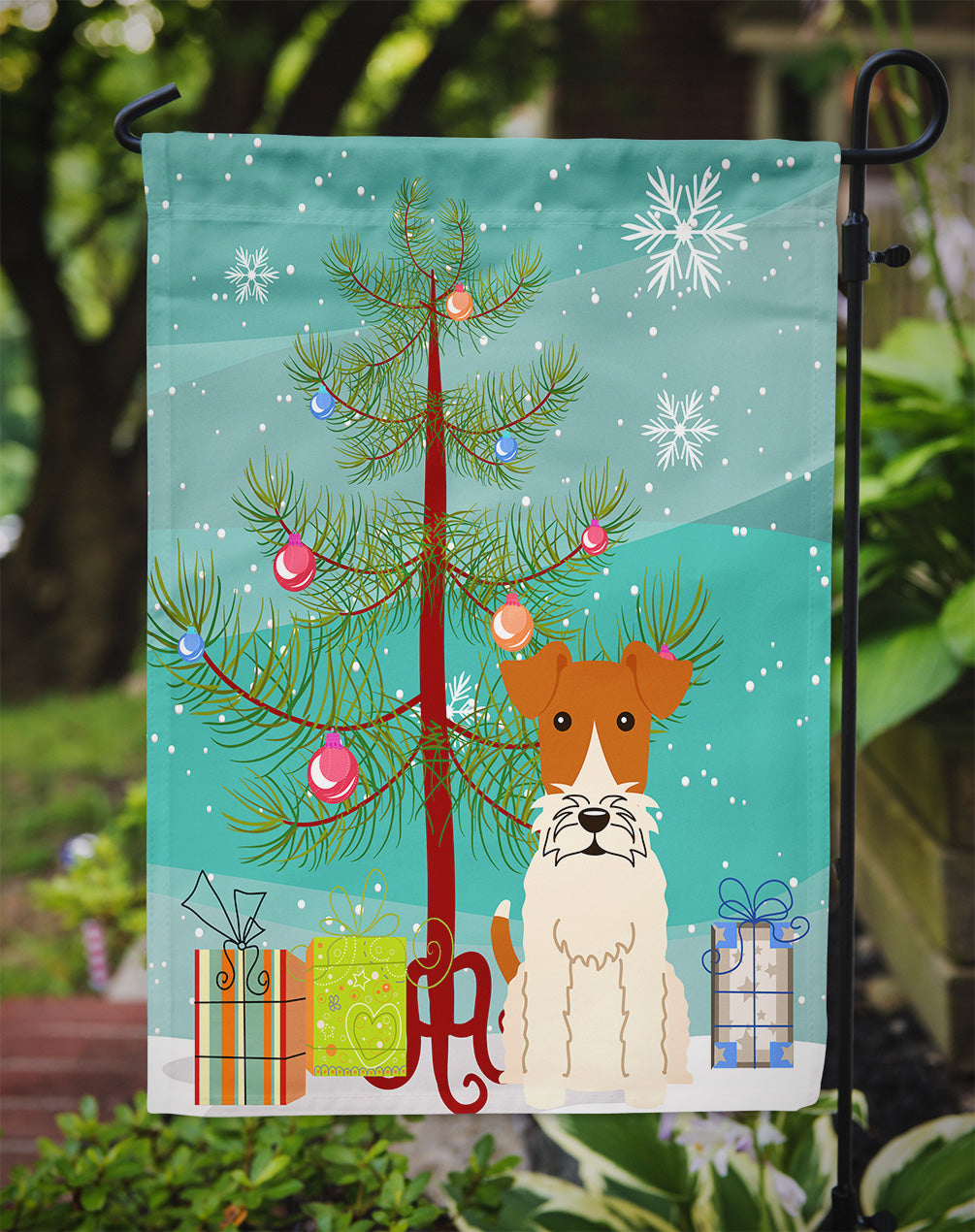 Merry Christmas Tree Wire Fox Terrier Garden Flag Mailbox Decorative Yard Banner Outside Patio Artwork for Flower Beds, Garden Size, Multicolor