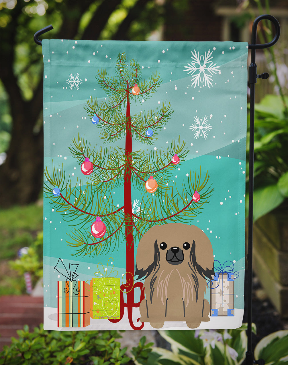 Merry Christmas Tree Pekingese Tan Garden Flag Mailbox Decorative Yard Banner Outside Patio Artwork for Flower Beds, Garden Size, Multicolor