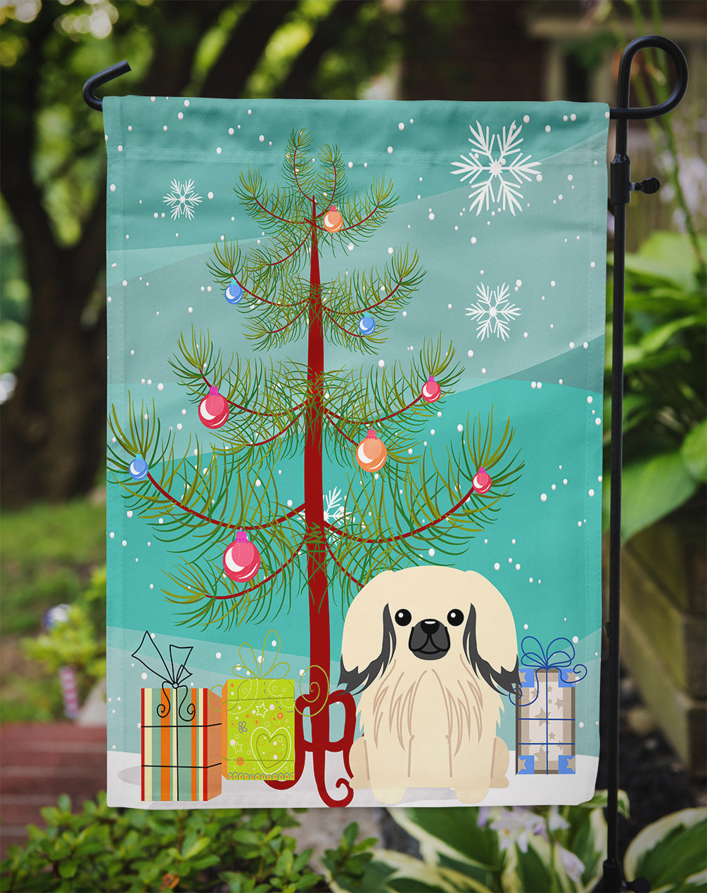 Merry Christmas Tree Pekingese Cream Garden Flag Mailbox Decorative Yard Banner Outside Patio Artwork for Flower Beds, Garden Size, Multicolor