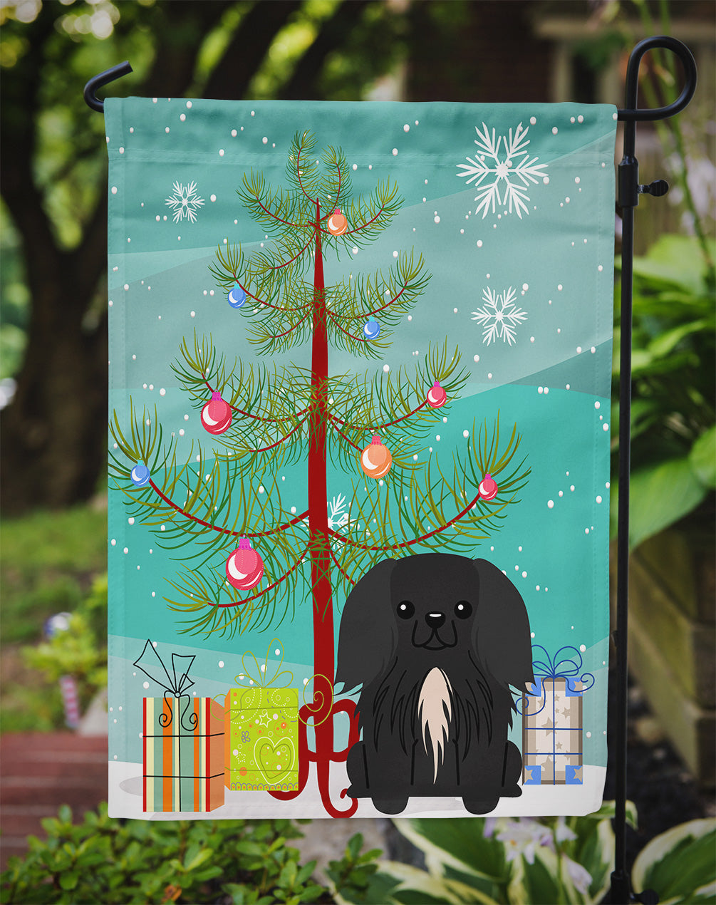 Merry Christmas Tree Pekingese Black Garden Flag Mailbox Decorative Yard Banner Outside Patio Artwork for Flower Beds, Garden Size, Multicolor