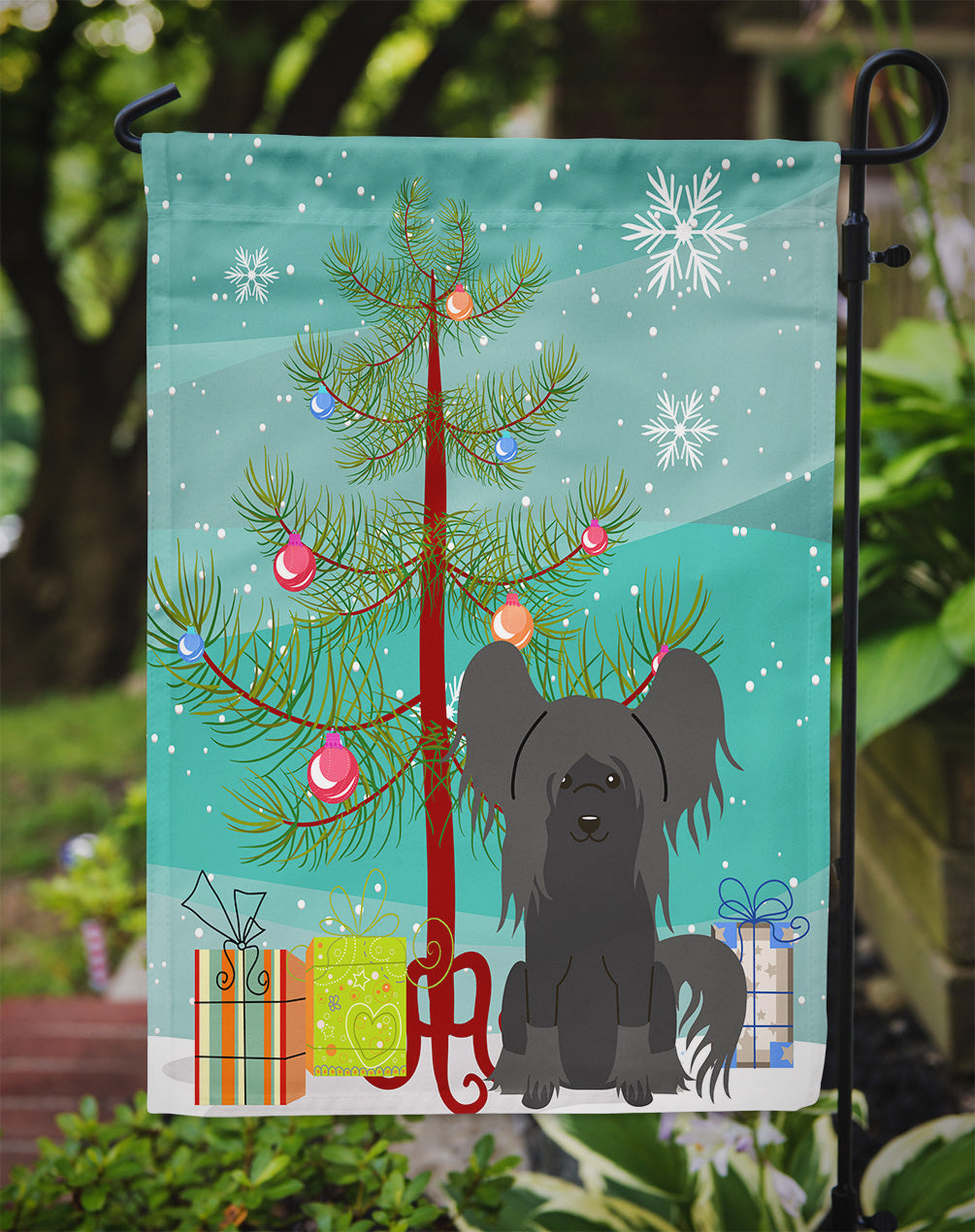 Merry Christmas Tree Chinese Crested Black Garden Flag Mailbox Decorative Yard Banner Outside Patio Artwork for Flower Beds, Garden Size, Multicolor