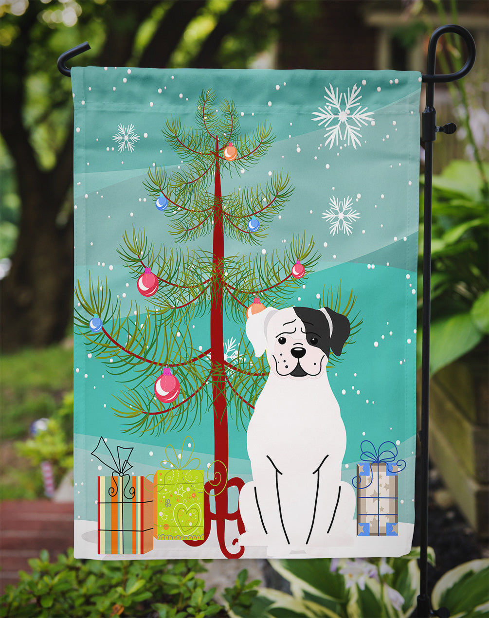 Merry Christmas Tree White Boxer Cooper Garden Flag Mailbox Decorative Yard Banner Outside Patio Artwork for Flower Beds, Garden Size, Multicolor