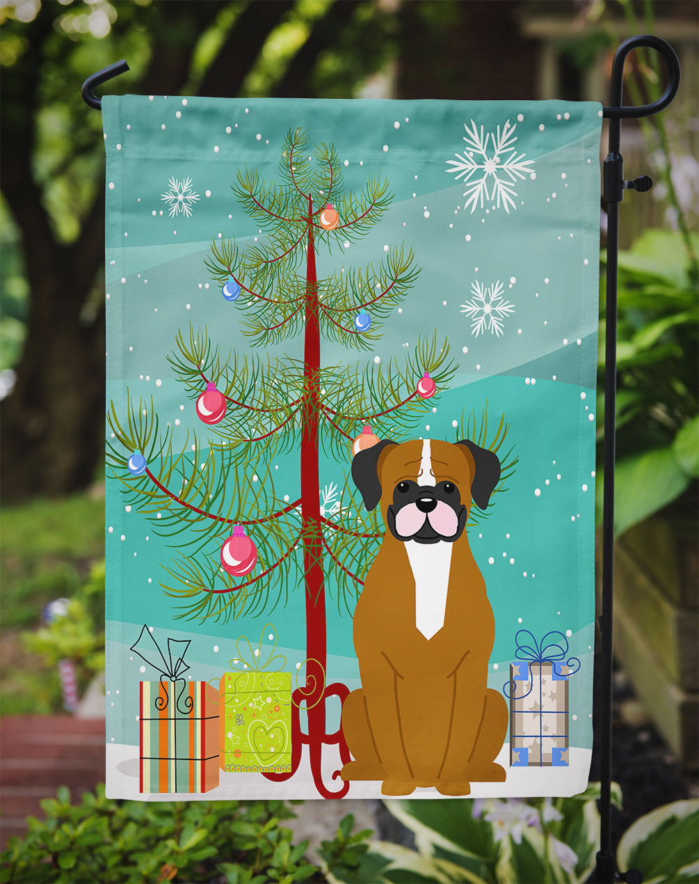 Merry Christmas Tree Flashy Fawn Boxer Garden Flag Mailbox Decorative Yard Banner Outside Patio Artwork for Flower Beds, Garden Size, Multicolor