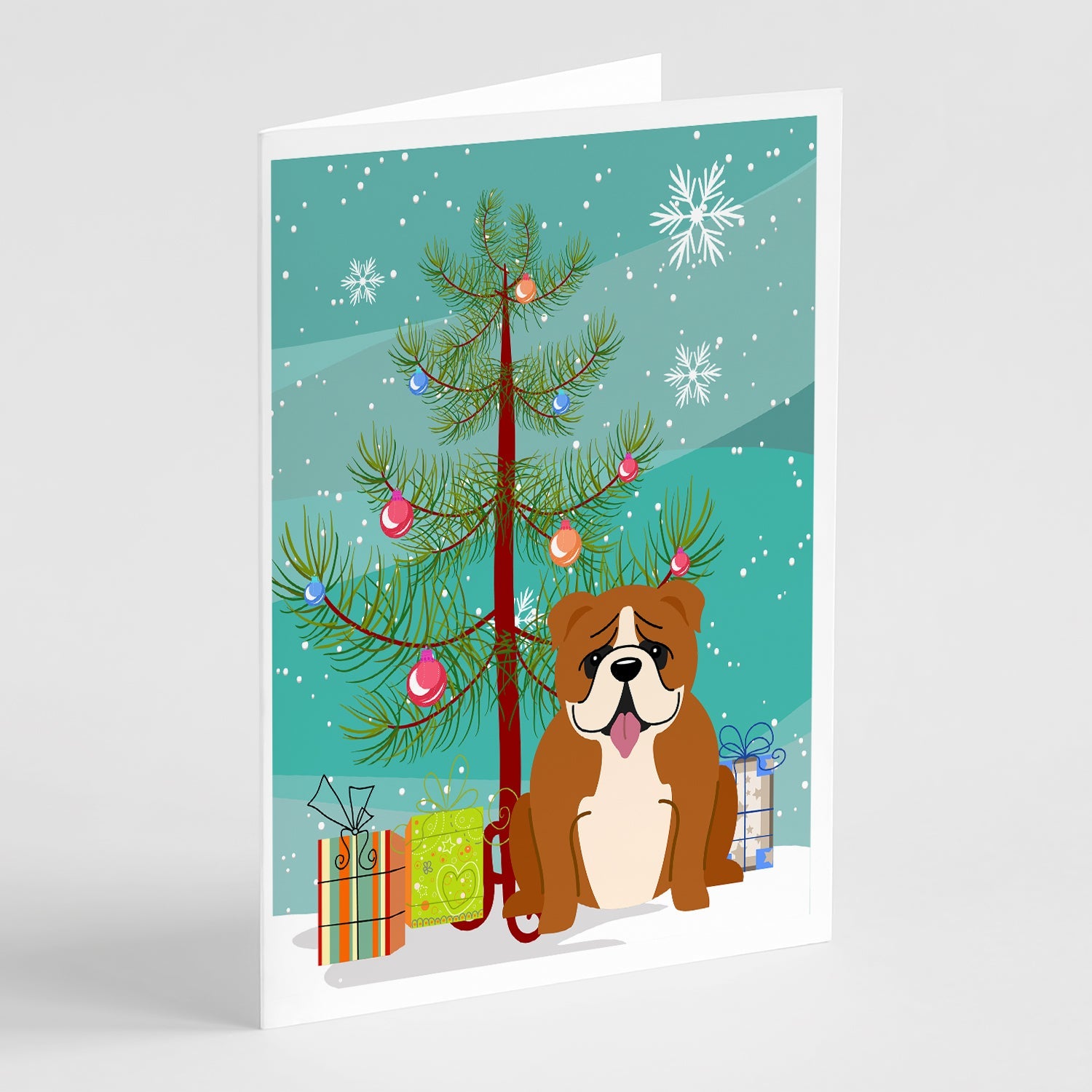 Merry Christmas Tree English Bulldog Red White Greeting Cards Pack of 8 Blank Cards with Envelopes Whimsical A7 Size 5x7