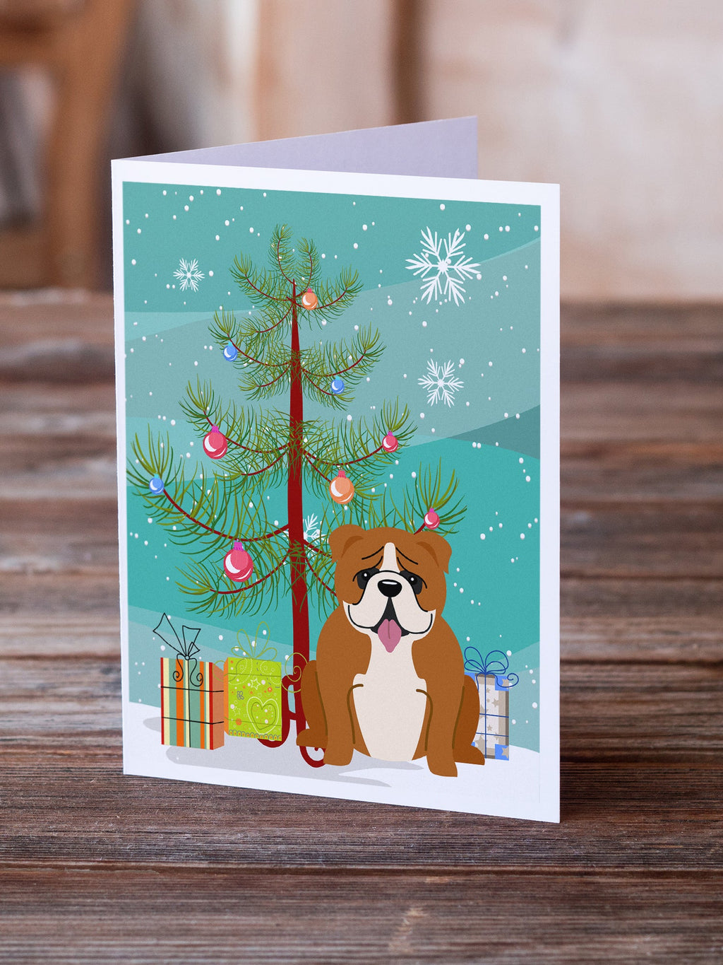 Merry Christmas Tree English Bulldog Red White Greeting Cards Pack of 8 Blank Cards with Envelopes Whimsical A7 Size 5x7