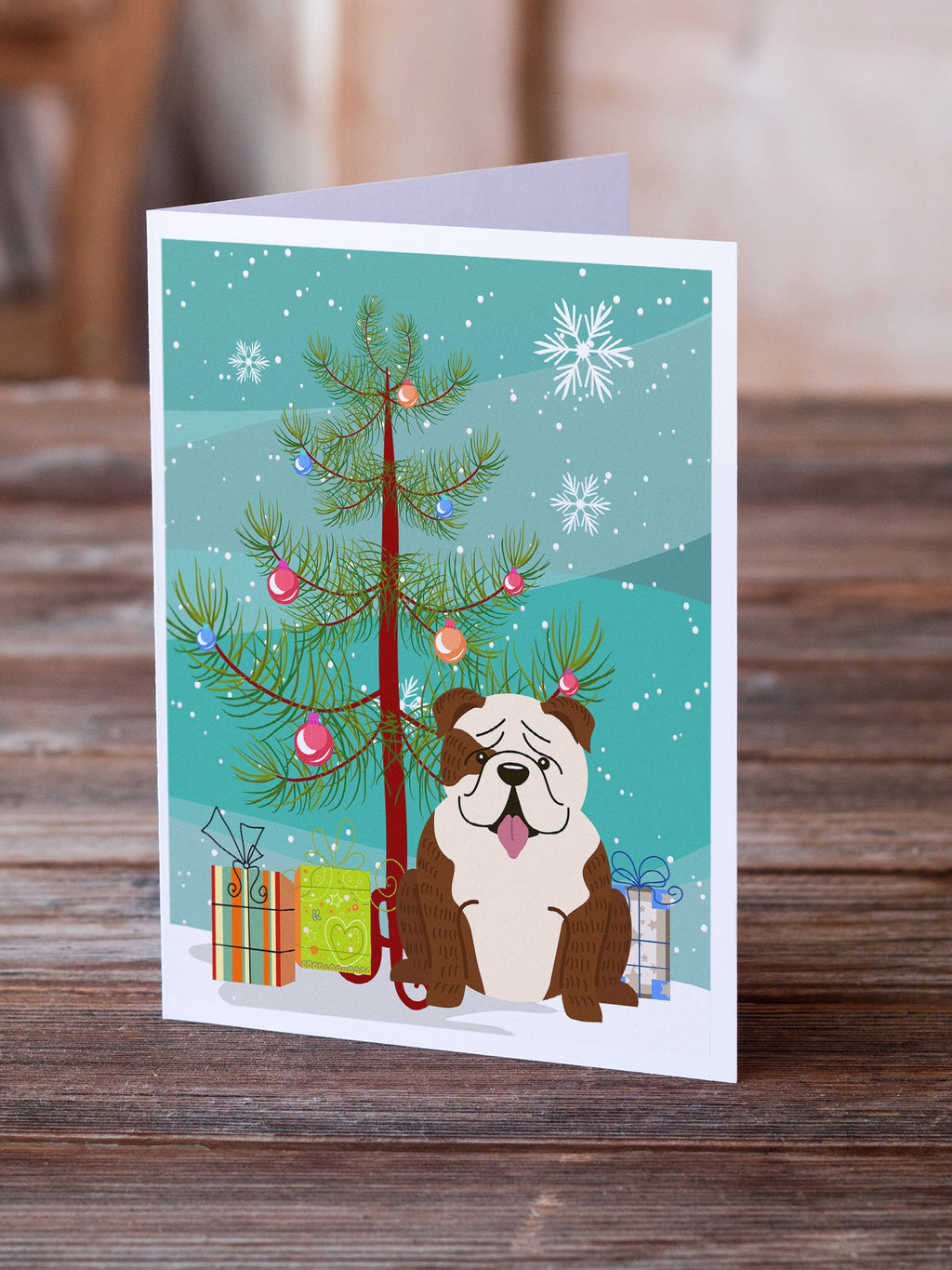 Merry Christmas Tree English Bulldog Brindle White Greeting Cards Pack of 8 Blank Cards with Envelopes Whimsical A7 Size 5x7