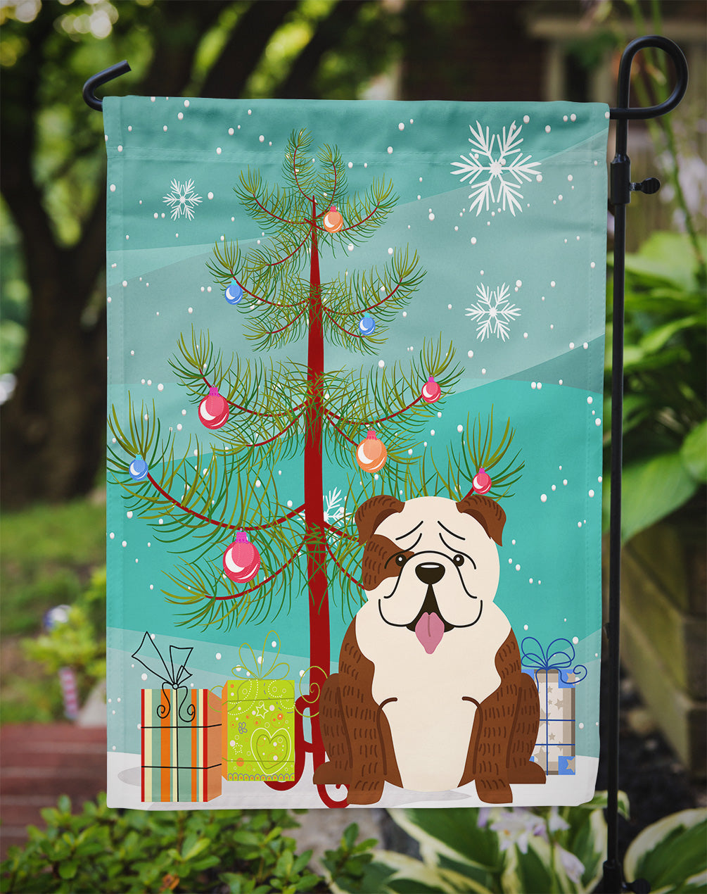 Merry Christmas Tree English Bulldog Brindle White Garden Flag Mailbox Decorative Yard Banner Outside Patio Artwork for Flower Beds, Garden Size, Multicolor
