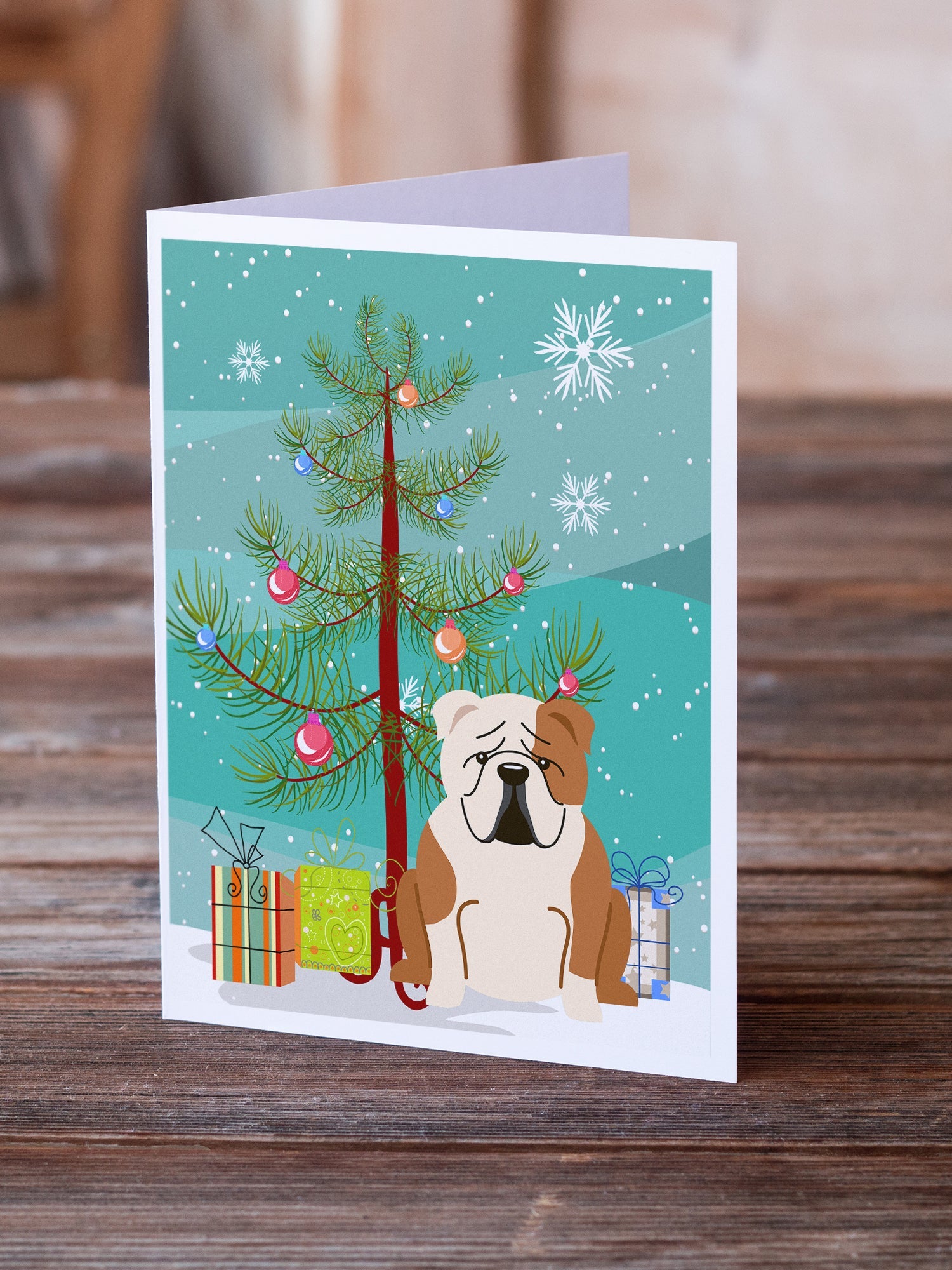 Merry Christmas Tree English Bulldog Fawn White Greeting Cards Pack of 8 Blank Cards with Envelopes Whimsical A7 Size 5x7