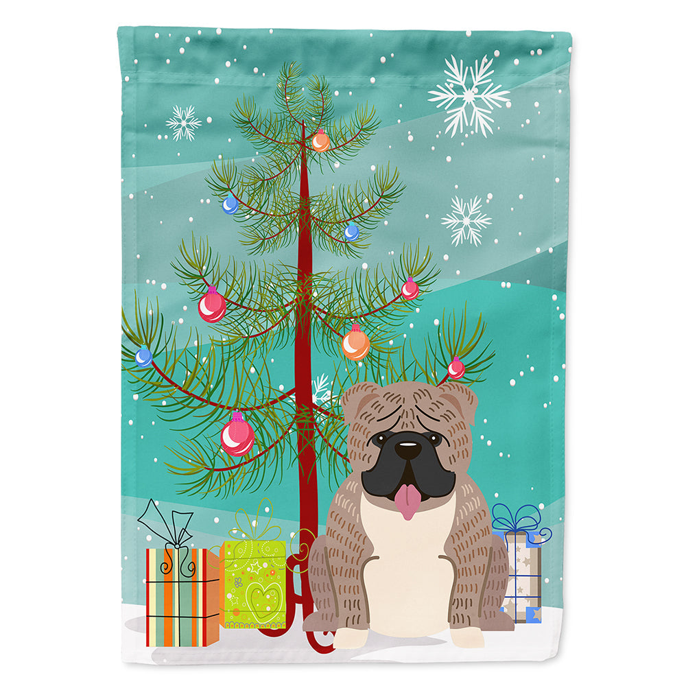 Merry Christmas Tree English Bulldog Grey Brindle House Flag 28x40 Porch Sleeve Pole Decorative Outside Yard Banner Artwork Wall Hanging, Polyester