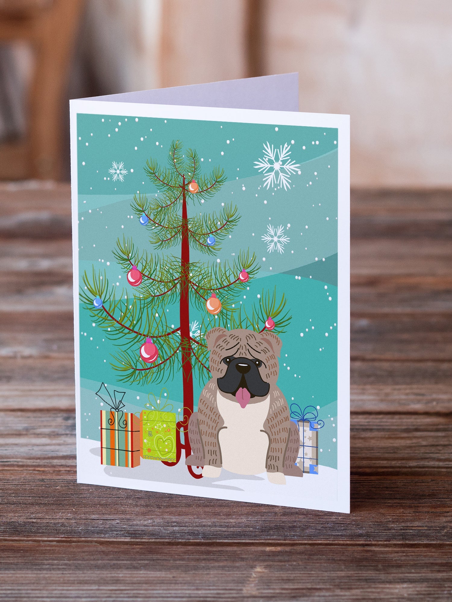 Merry Christmas Tree English Bulldog Grey Brindle  Greeting Cards Pack of 8 Blank Cards with Envelopes Whimsical A7 Size 5x7