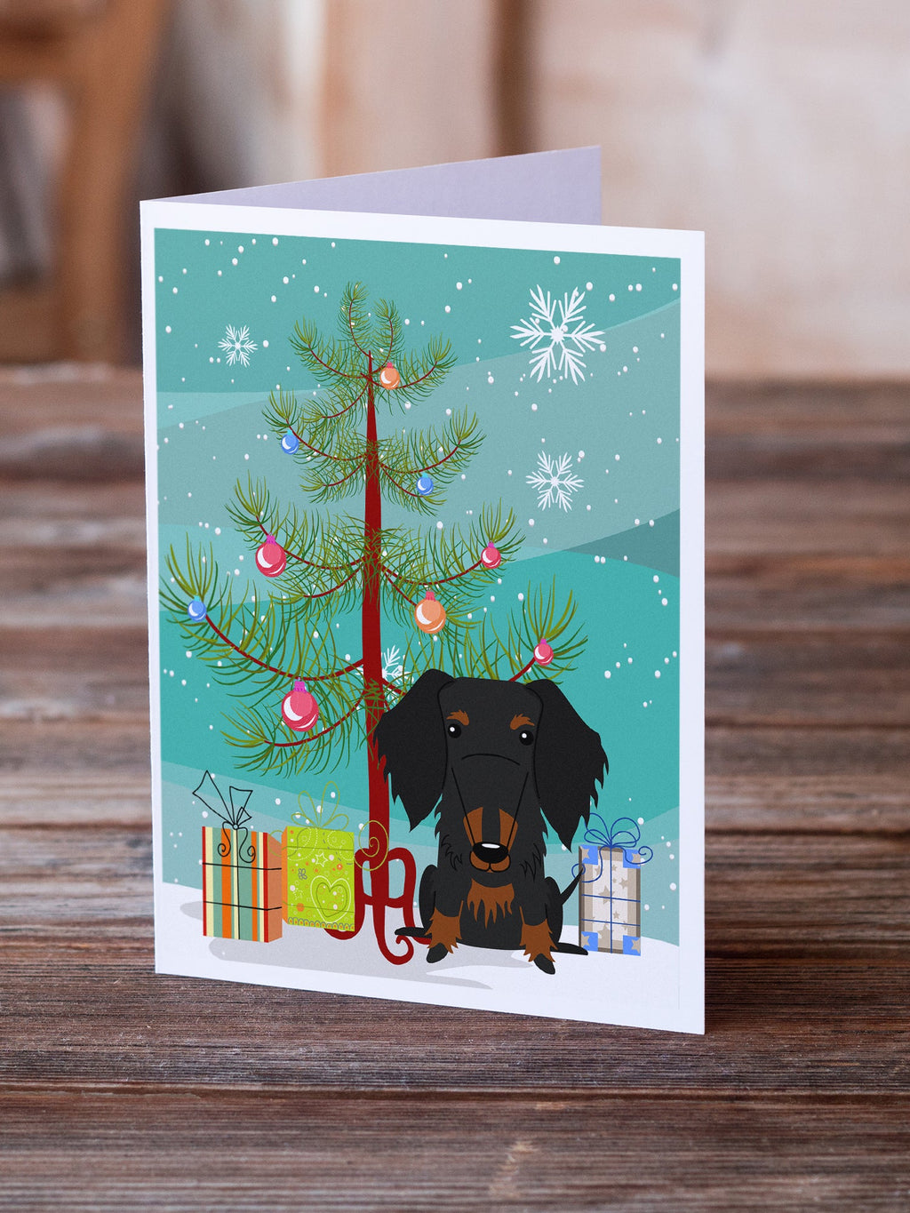 Merry Christmas Tree Wire Haired Dachshund Black Tan Greeting Cards Pack of 8 Blank Cards with Envelopes Whimsical A7 Size 5x7