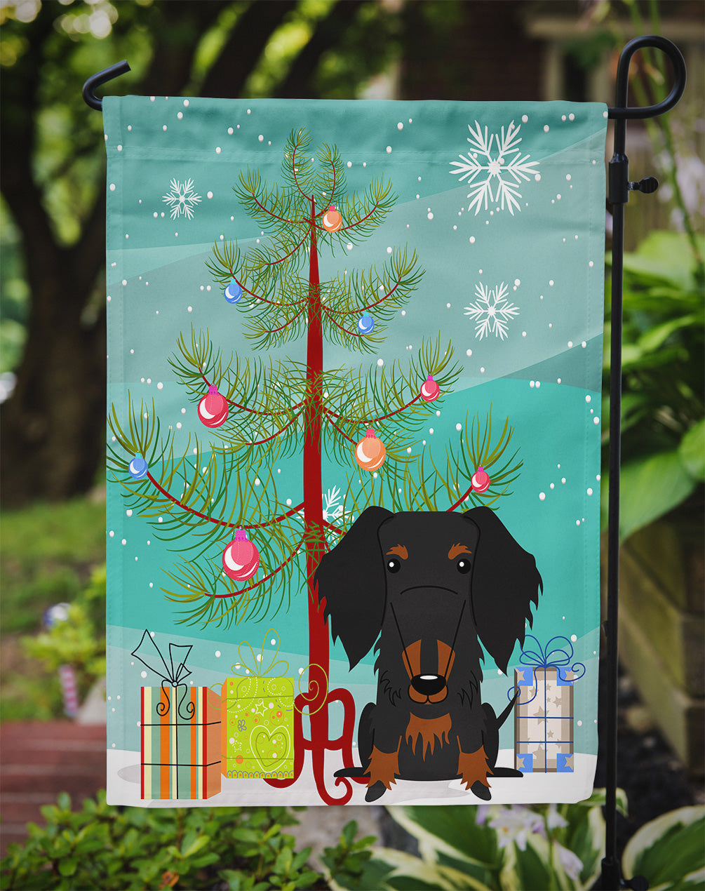 Merry Christmas Tree Wire Haired Dachshund Black Tan Garden Flag Mailbox Decorative Yard Banner Outside Patio Artwork for Flower Beds, Garden Size, Multicolor
