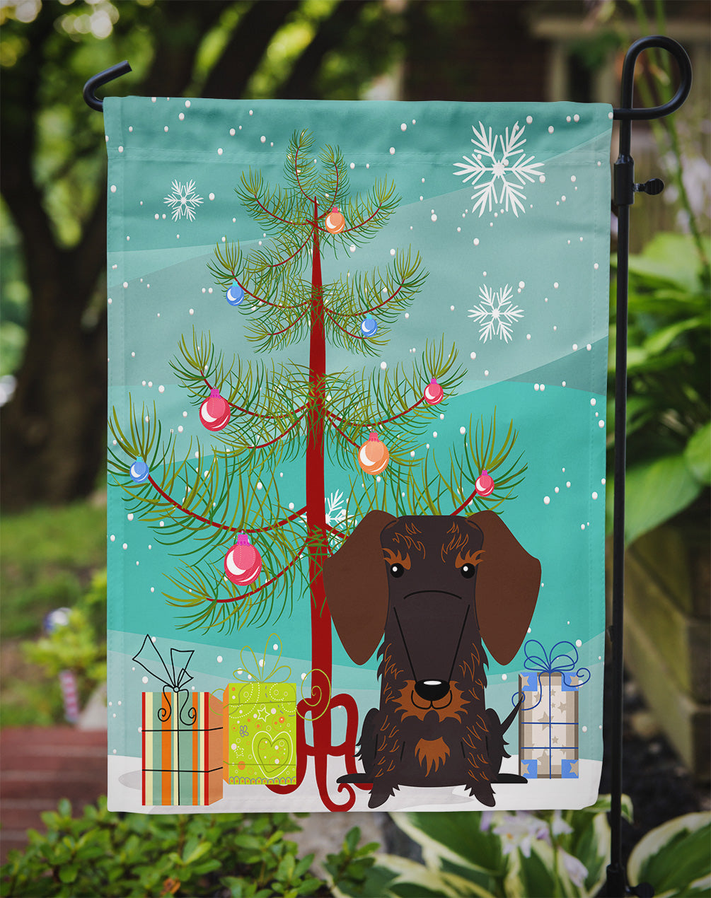 Merry Christmas Tree Wire Haired Dachshund Chocolate Garden Flag Mailbox Decorative Yard Banner Outside Patio Artwork for Flower Beds, Garden Size, Multicolor