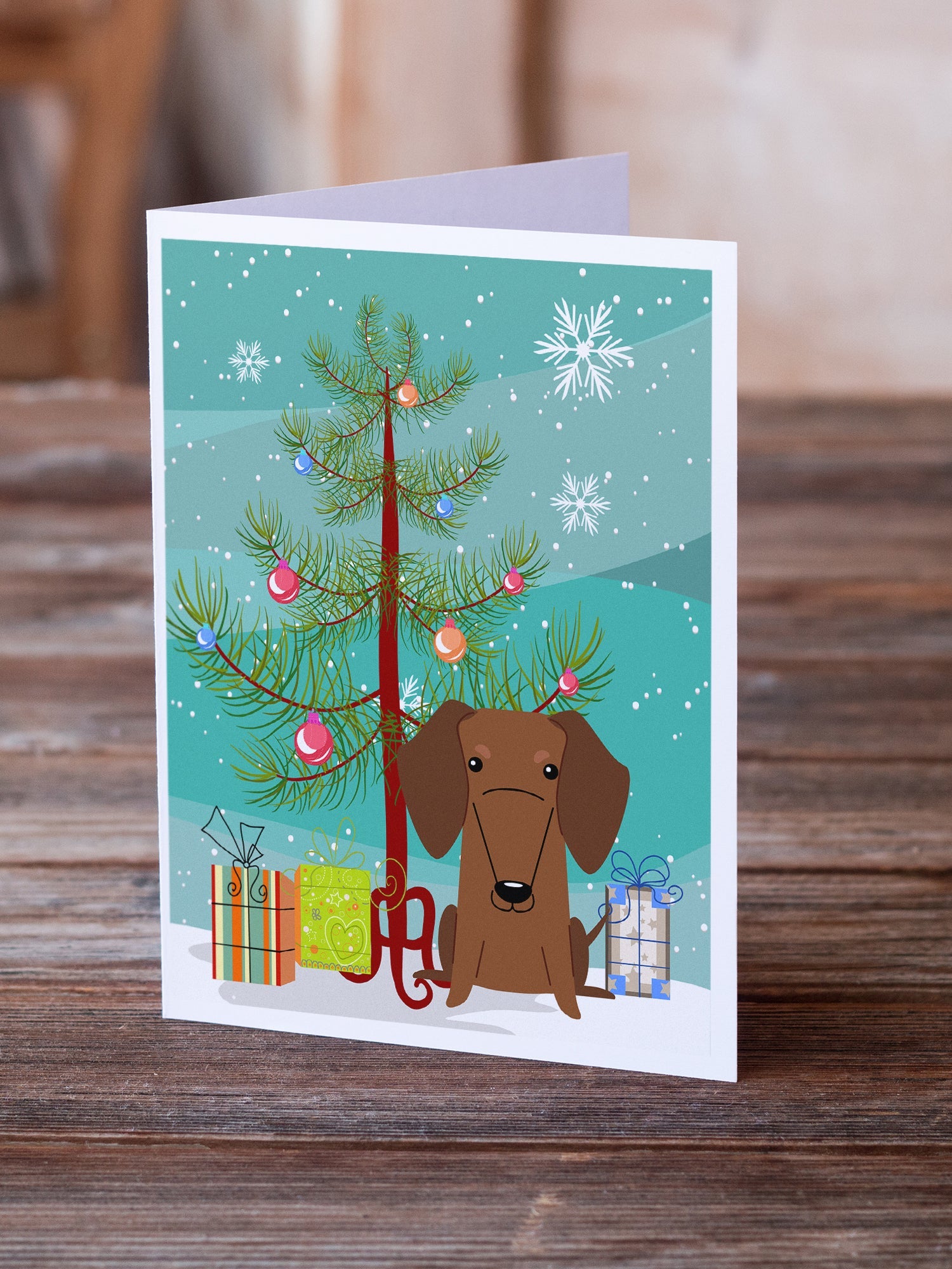 Merry Christmas Tree Dachshund Red Brown Greeting Cards Pack of 8 Blank Cards with Envelopes Whimsical A7 Size 5x7