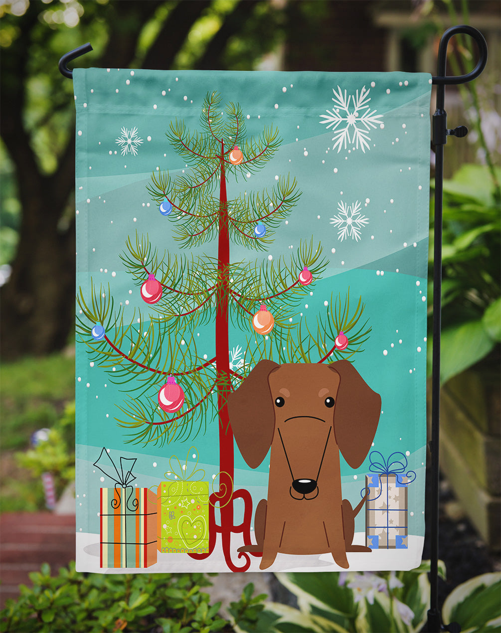 Merry Christmas Tree Dachshund Red Brown Garden Flag Mailbox Decorative Yard Banner Outside Patio Artwork for Flower Beds, Garden Size, Multicolor