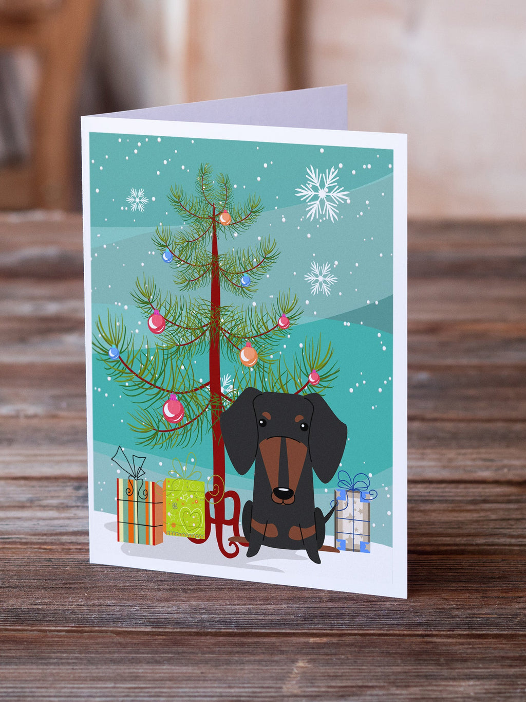 Merry Christmas Tree Dachshund Black Tan Greeting Cards Pack of 8 Blank Cards with Envelopes Whimsical A7 Size 5x7