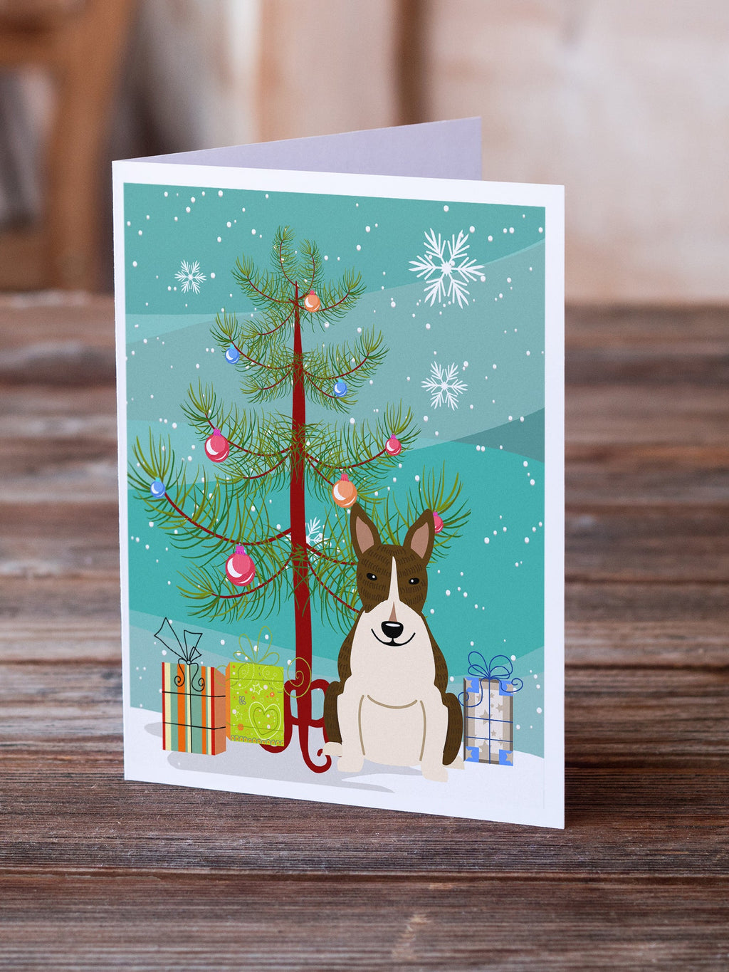 Merry Christmas Tree Bull Terrier Dark Brindle Greeting Cards Pack of 8 Blank Cards with Envelopes Whimsical A7 Size 5x7