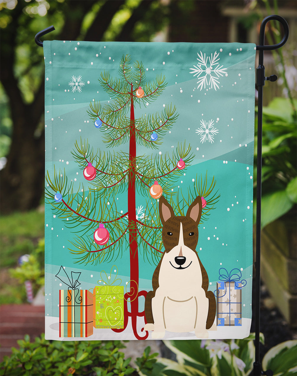 Merry Christmas Tree Bull Terrier Dark Brindle Garden Flag Mailbox Decorative Yard Banner Outside Patio Artwork for Flower Beds, Garden Size, Multicolor
