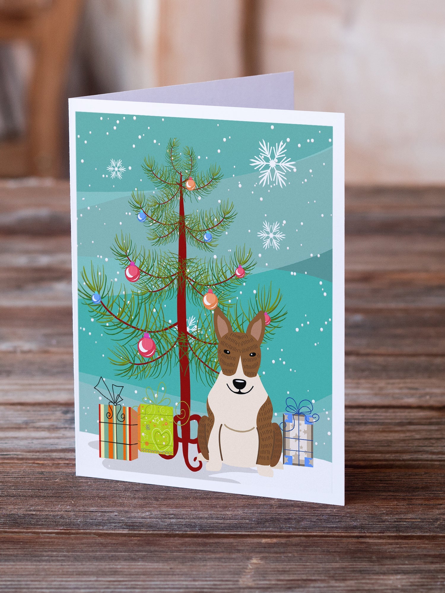 Merry Christmas Tree Bull Terrier Brindle Greeting Cards Pack of 8 Blank Cards with Envelopes Whimsical A7 Size 5x7