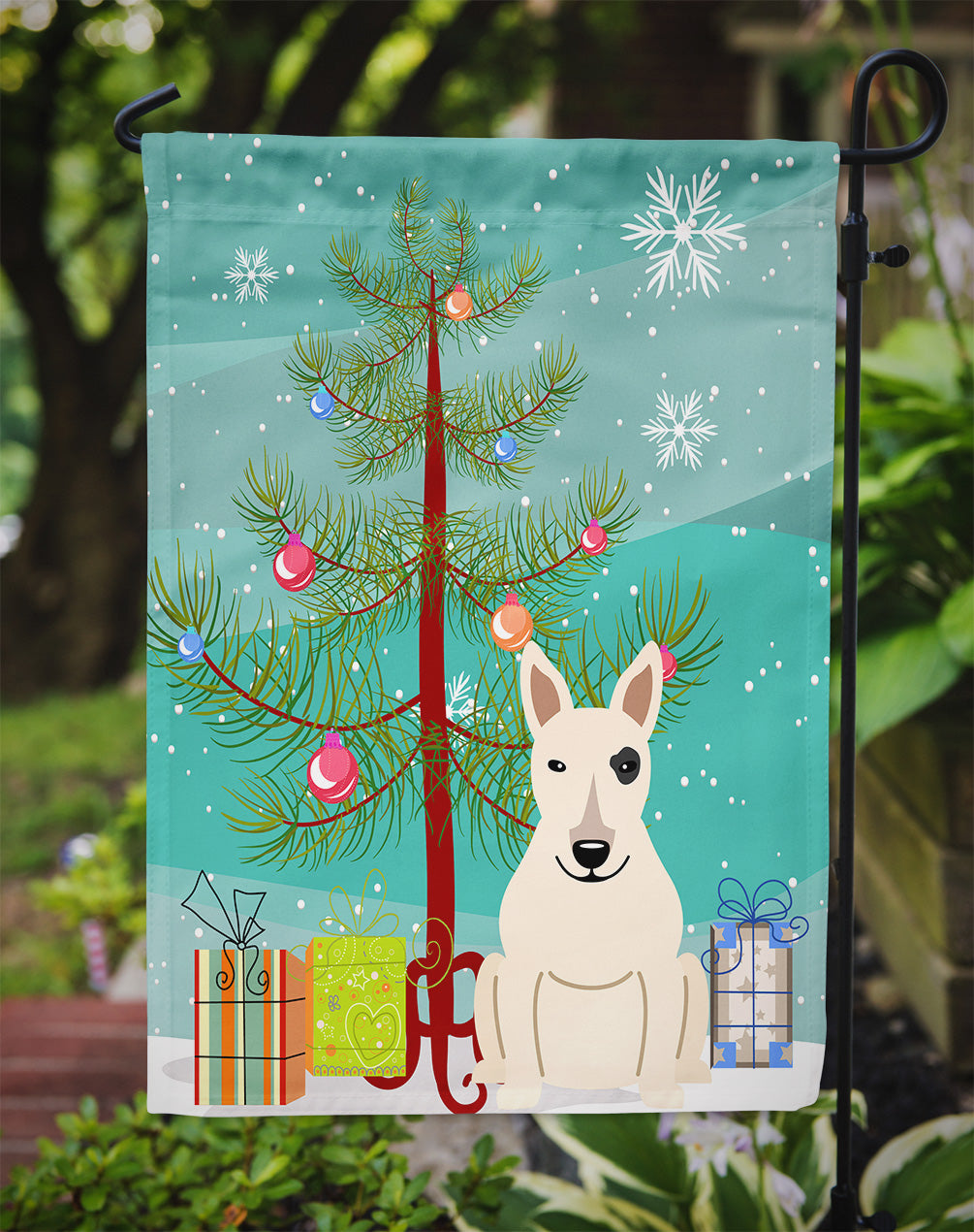 Merry Christmas Tree Bull Terrier White Garden Flag Mailbox Decorative Yard Banner Outside Patio Artwork for Flower Beds, Garden Size, Multicolor