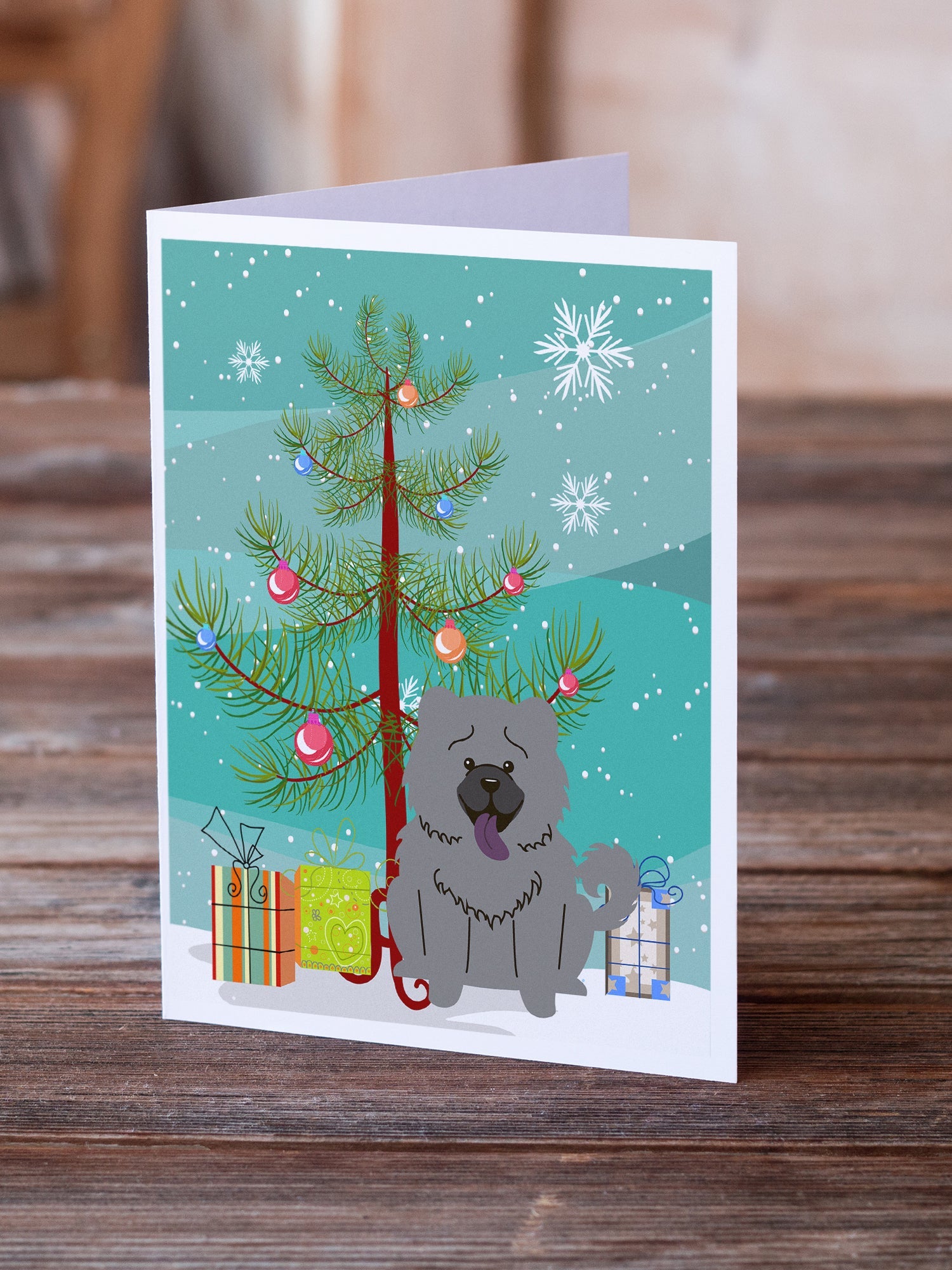 Merry Christmas Tree Chow Chow Blue Greeting Cards Pack of 8 Blank Cards with Envelopes Whimsical A7 Size 5x7