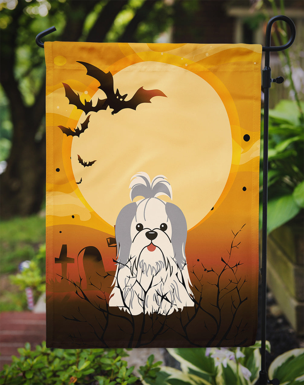 Halloween Shih Tzu Silver White Garden Flag Mailbox Decorative Yard Banner Outside Patio Artwork for Flower Beds, Garden Size, Multicolor