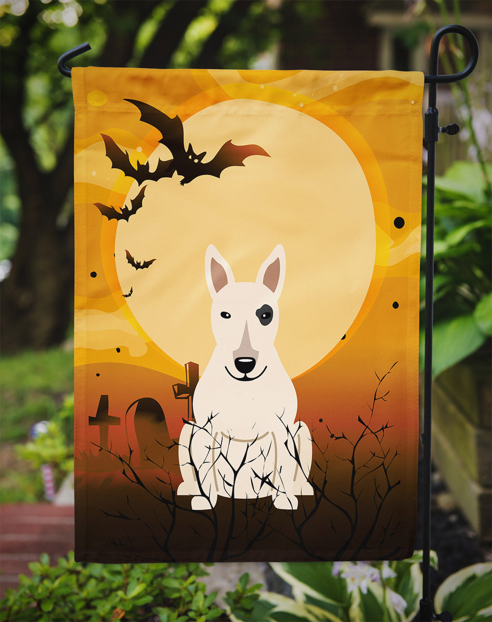 Halloween Bull Terrier White Garden Flag Mailbox Decorative Yard Banner Outside Patio Artwork for Flower Beds, Garden Size, Multicolor
