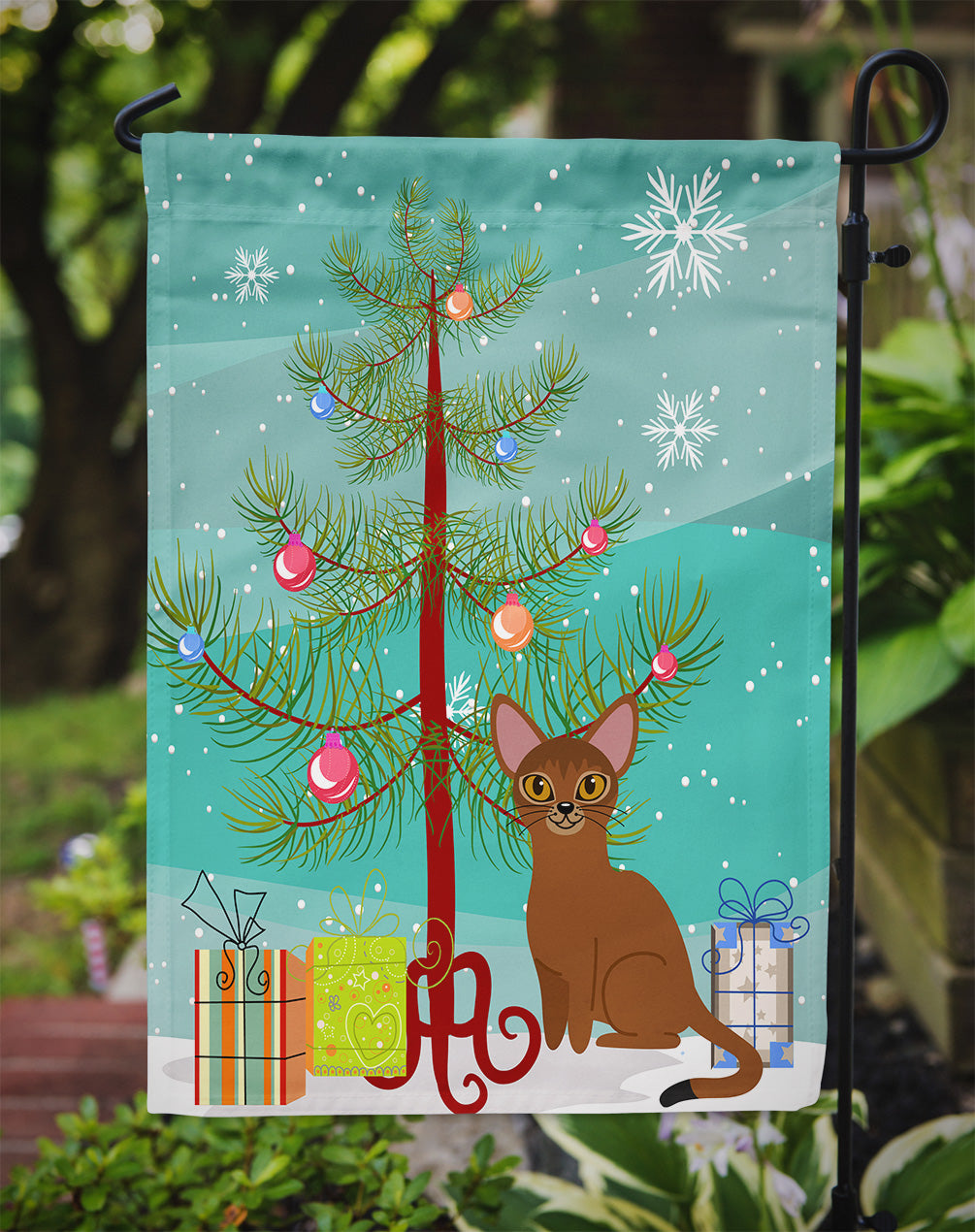 Abyssinian Cat Merry Christmas Tree Garden Flag Mailbox Decorative Yard Banner Outside Patio Artwork for Flower Beds, Garden Size, Multicolor