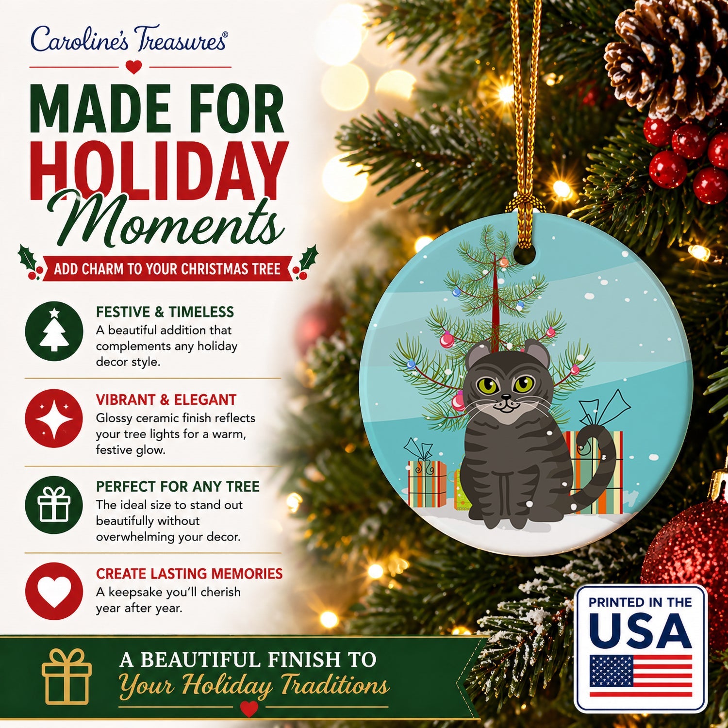 American Curl Cat Merry Christmas Tree Ceramic Ornament Christmas Tree Hanging Decorations for Home Christmas Holiday, Party, Gift, 3 in, Multicolor
