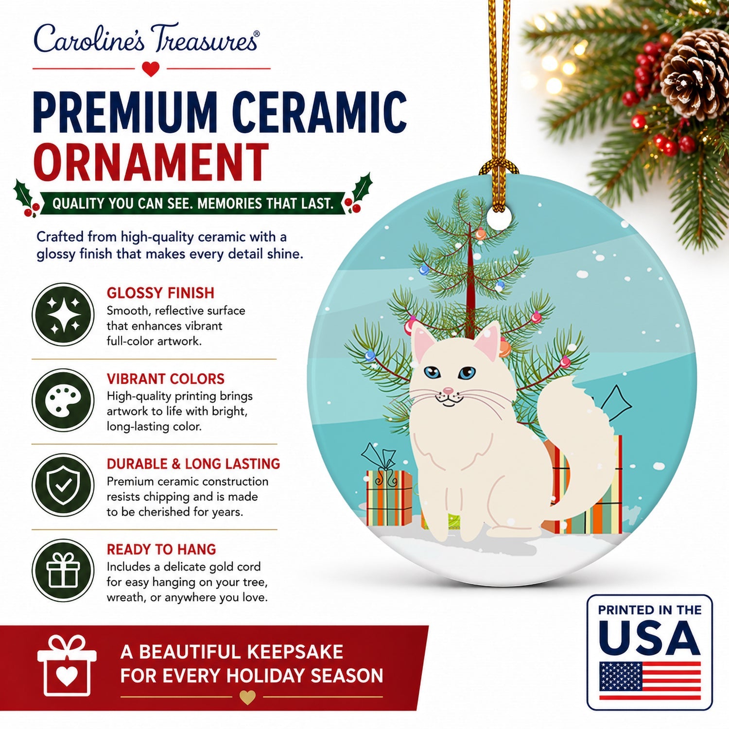 Turkish Angora Cat Merry Christmas Tree Ceramic Ornament Christmas Tree Hanging Decorations for Home Christmas Holiday, Party, Gift, 3 in, Multicolor