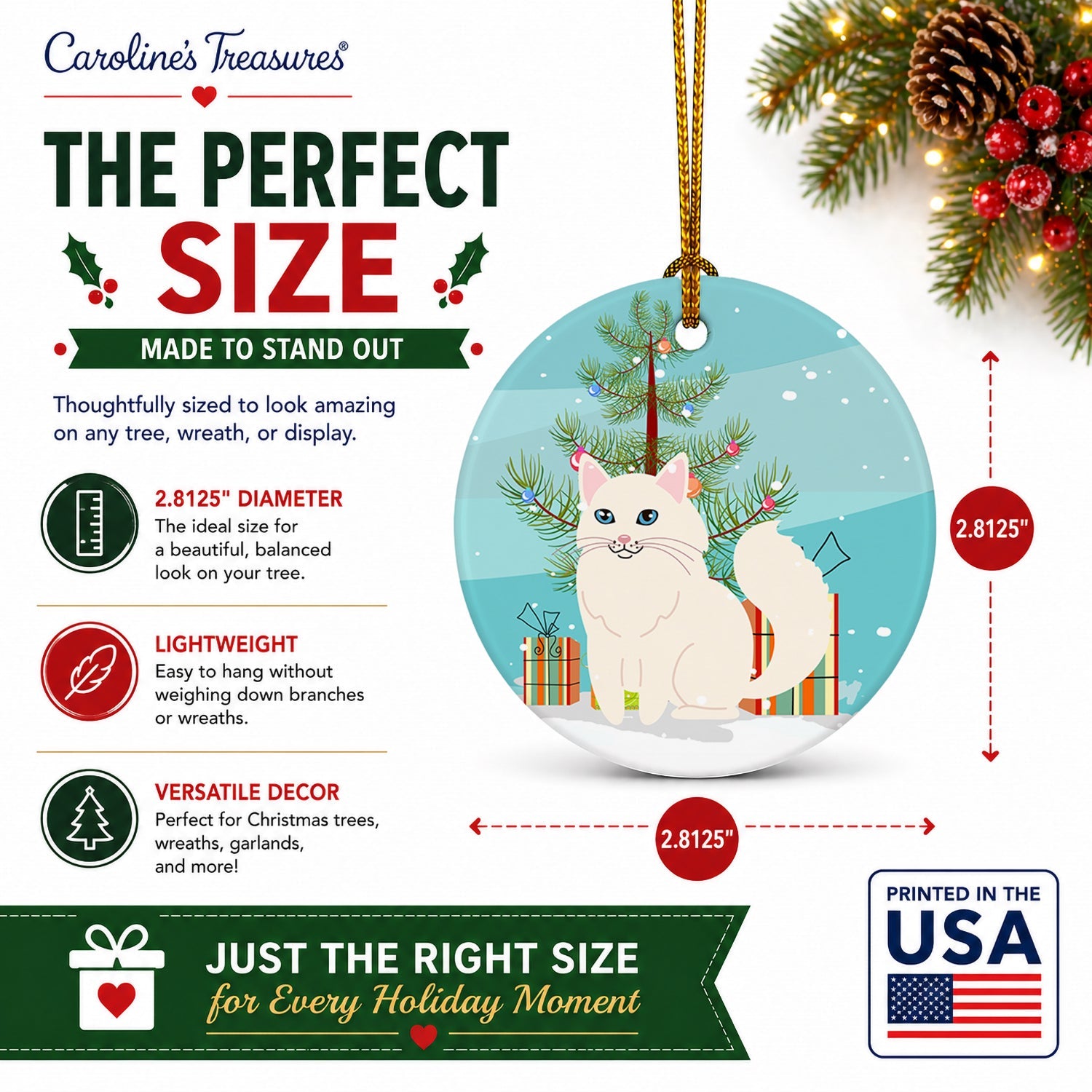 Turkish Angora Cat Merry Christmas Tree Ceramic Ornament Christmas Tree Hanging Decorations for Home Christmas Holiday, Party, Gift, 3 in, Multicolor