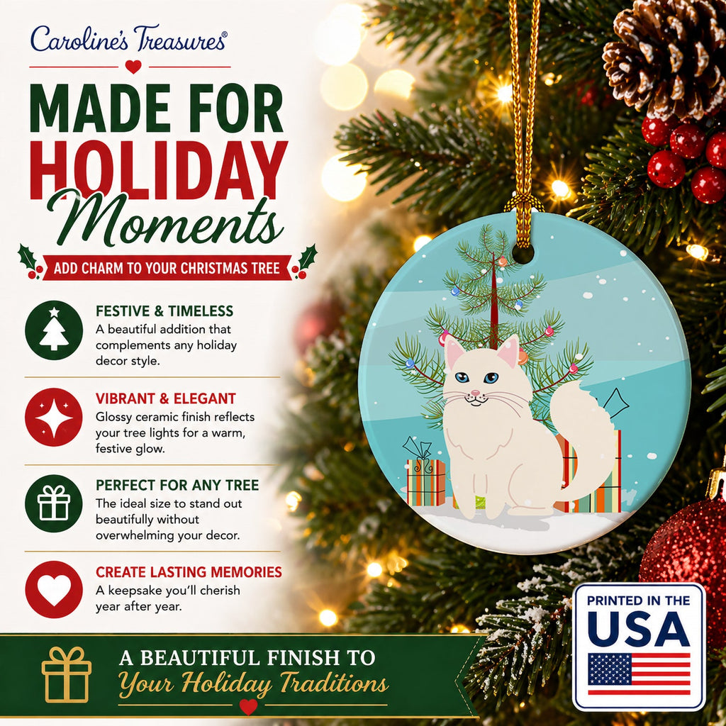 Turkish Angora Cat Merry Christmas Tree Ceramic Ornament Christmas Tree Hanging Decorations for Home Christmas Holiday, Party, Gift, 3 in, Multicolor