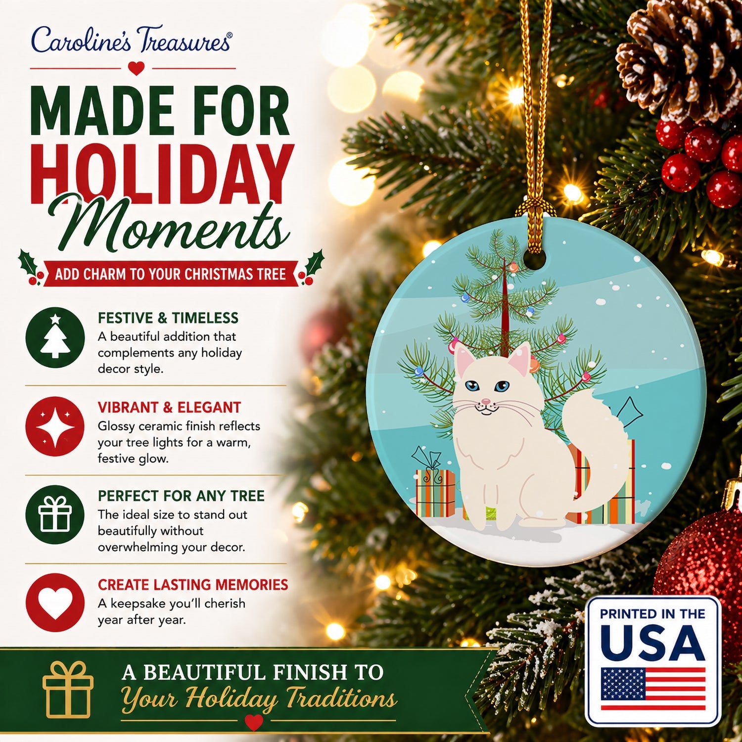 Turkish Angora Cat Merry Christmas Tree Ceramic Ornament Christmas Tree Hanging Decorations for Home Christmas Holiday, Party, Gift, 3 in, Multicolor
