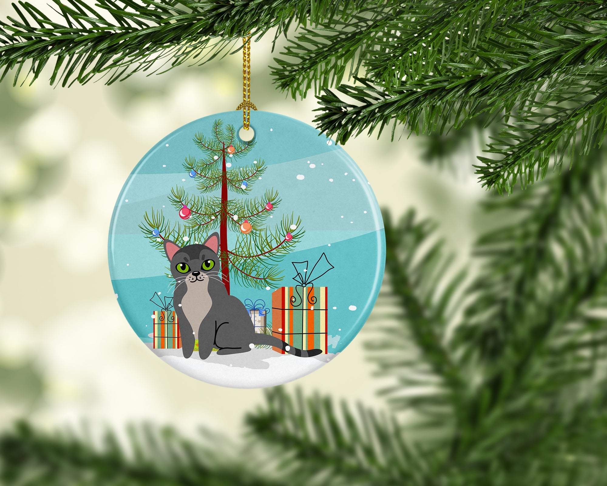 Asian Cat Merry Christmas Tree Ceramic Ornament Christmas Tree Hanging Decorations for Home Christmas Holiday, Party, Gift, 3 in, Multicolor