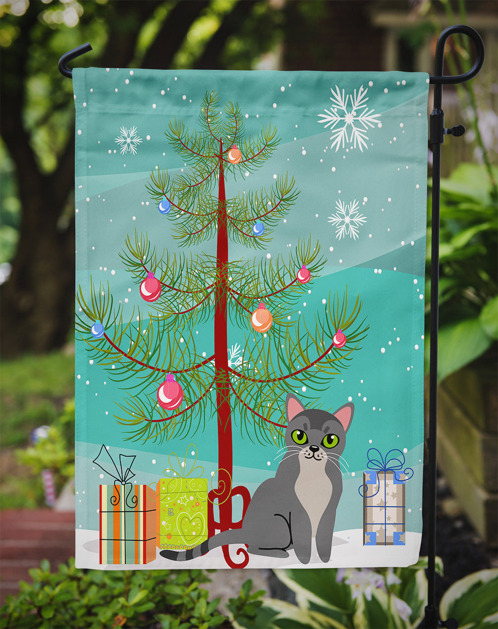 Asian Cat Merry Christmas Tree Garden Flag Mailbox Decorative Yard Banner Outside Patio Artwork for Flower Beds, Garden Size, Multicolor