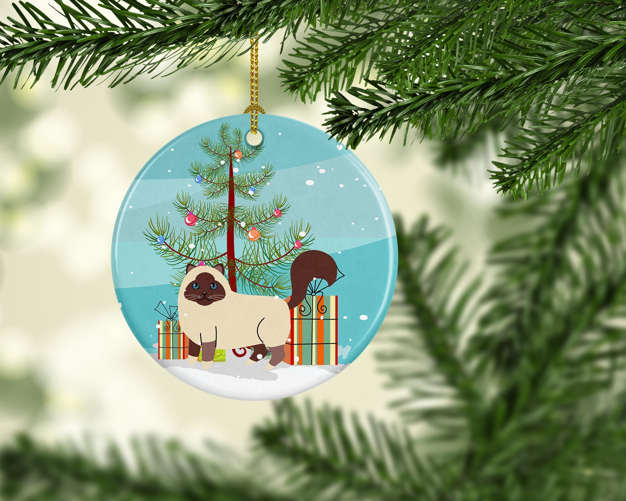 Birman Cat Merry Christmas Tree Ceramic Ornament Christmas Tree Hanging Decorations for Home Christmas Holiday, Party, Gift, 3 in, Multicolor