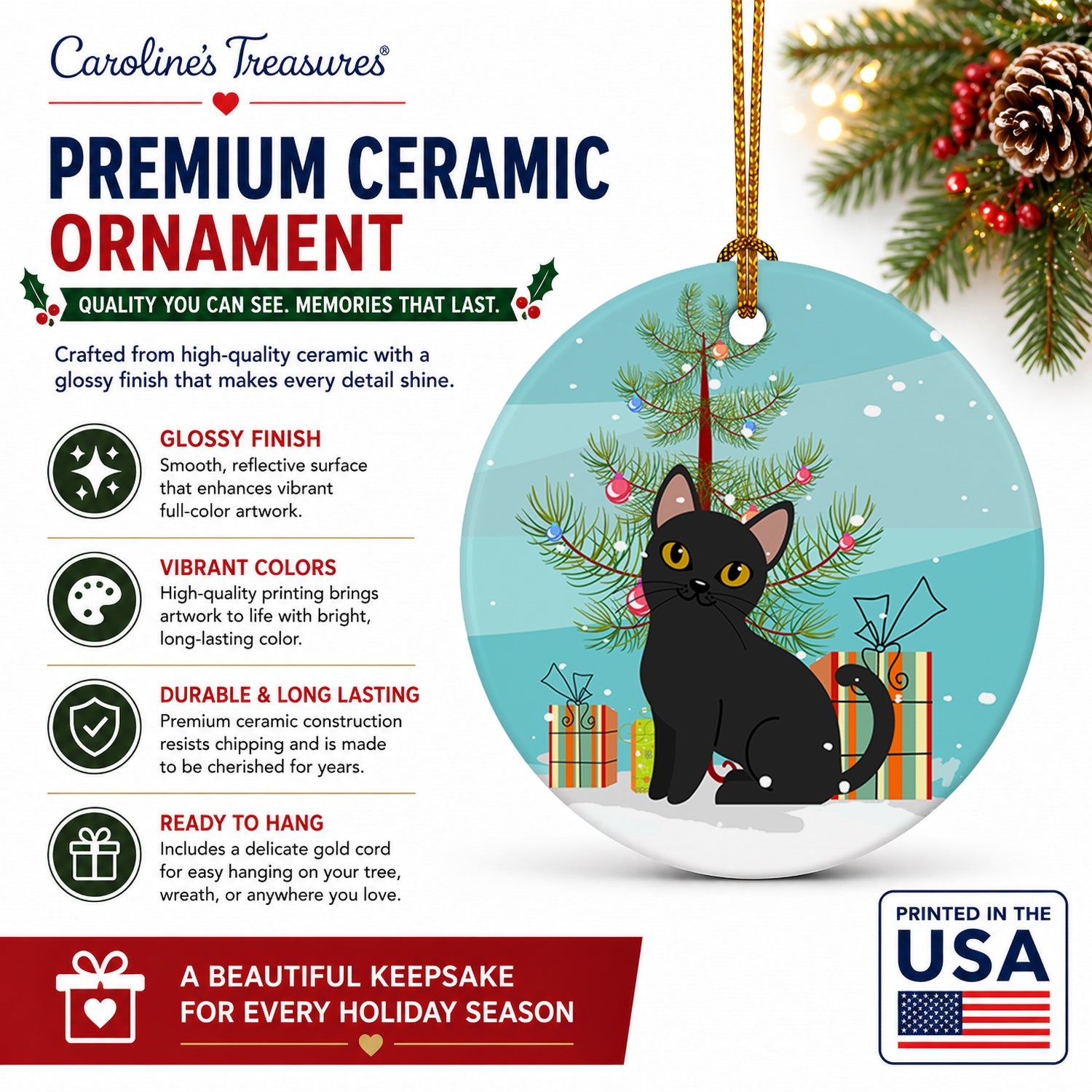 Bombay Cat Merry Christmas Tree Ceramic Ornament Christmas Tree Hanging Decorations for Home Christmas Holiday, Party, Gift, 3 in, Multicolor