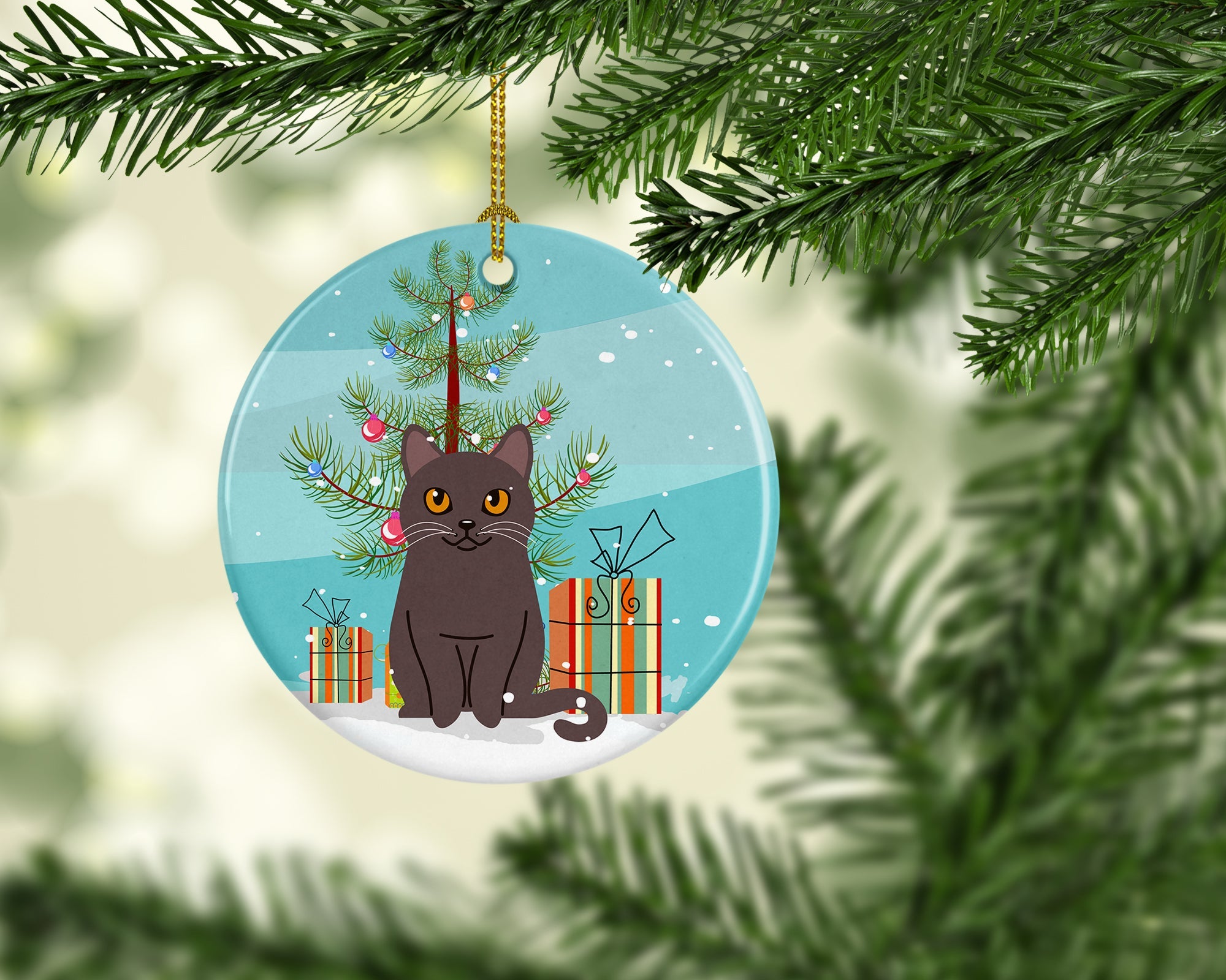 Chartreux Cat Merry Christmas Tree Ceramic Ornament Christmas Tree Hanging Decorations for Home Christmas Holiday, Party, Gift, 3 in, Multicolor