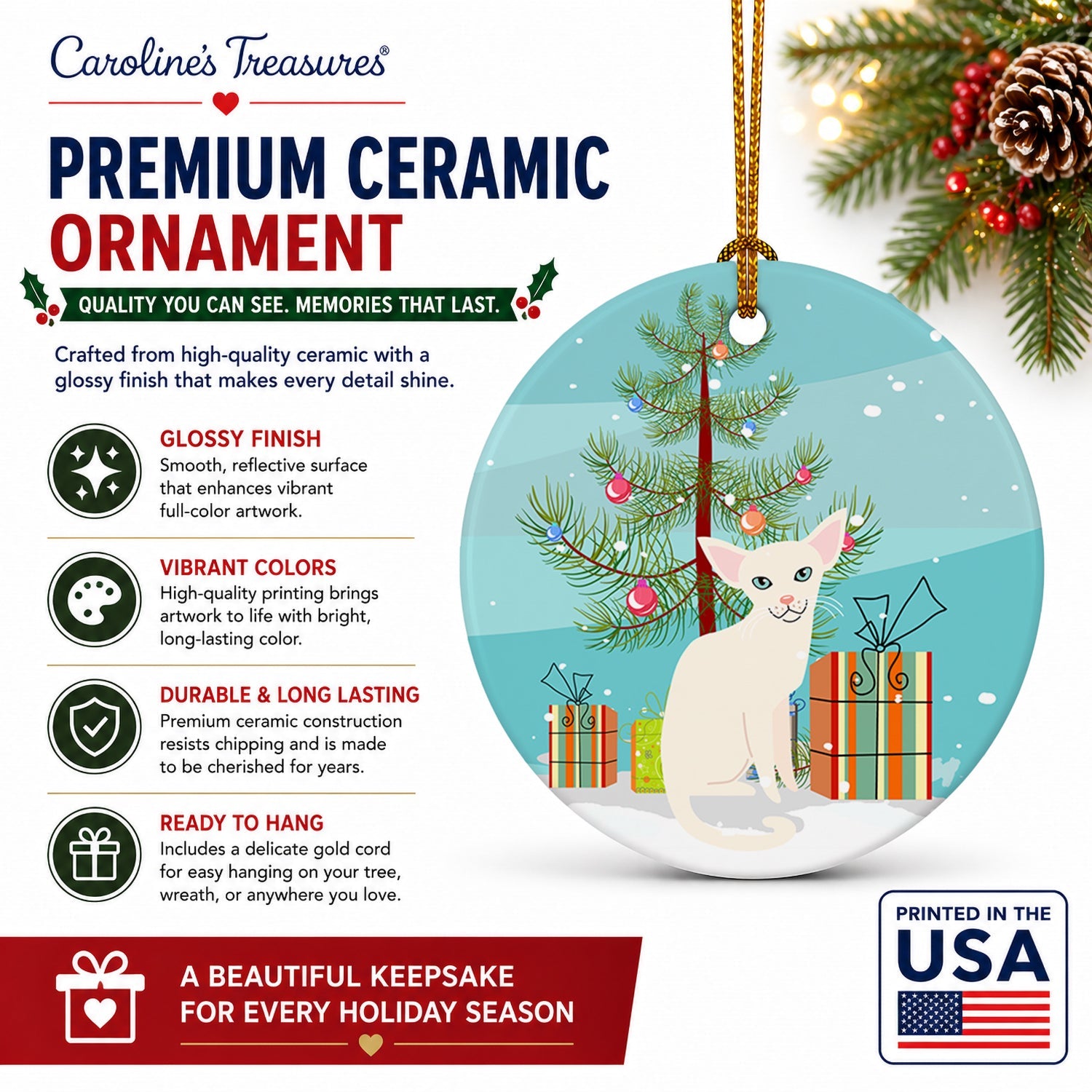 Foreign White Cat Merry Christmas Tree Ceramic Ornament Christmas Tree Hanging Decorations for Home Christmas Holiday, Party, Gift, 3 in, Multicolor