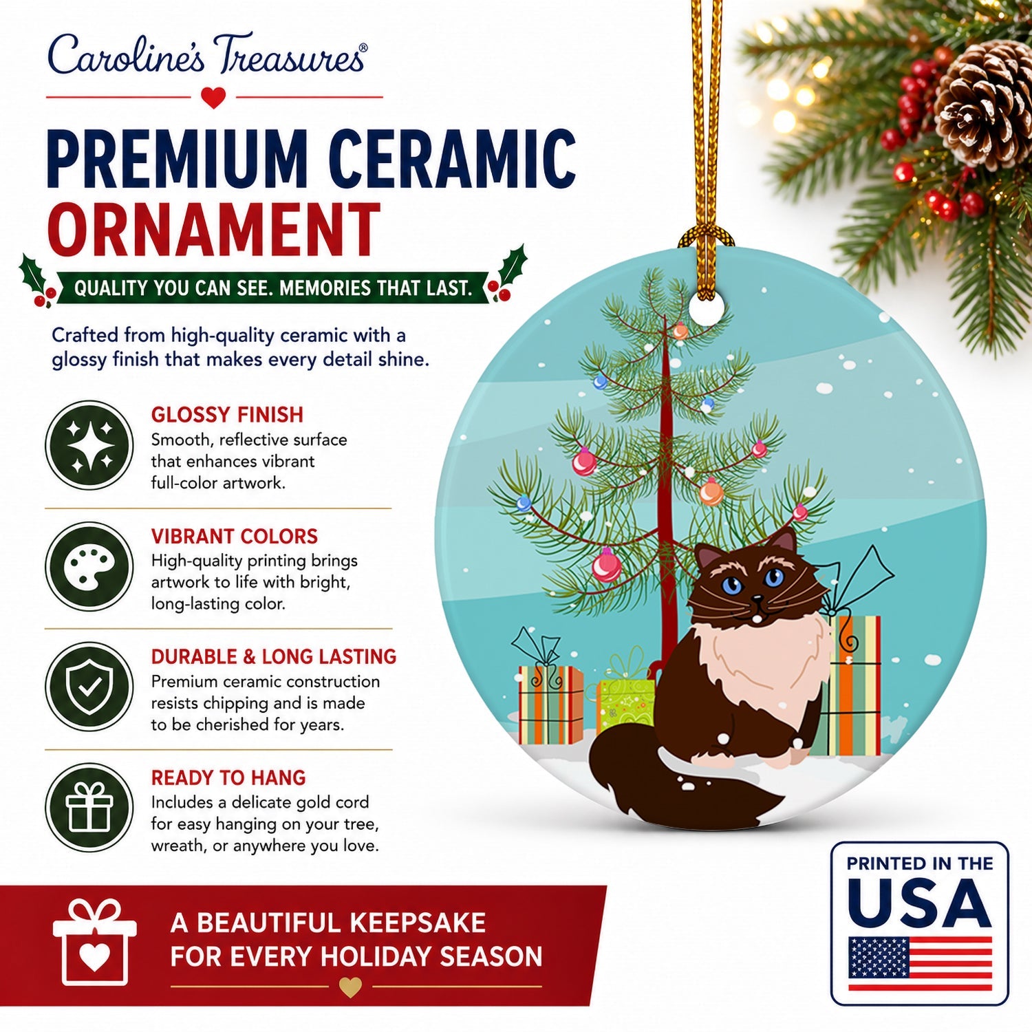 Himalayan Cat Merry Christmas Tree Ceramic Ornament Christmas Tree Hanging Decorations for Home Christmas Holiday, Party, Gift, 3 in, Multicolor