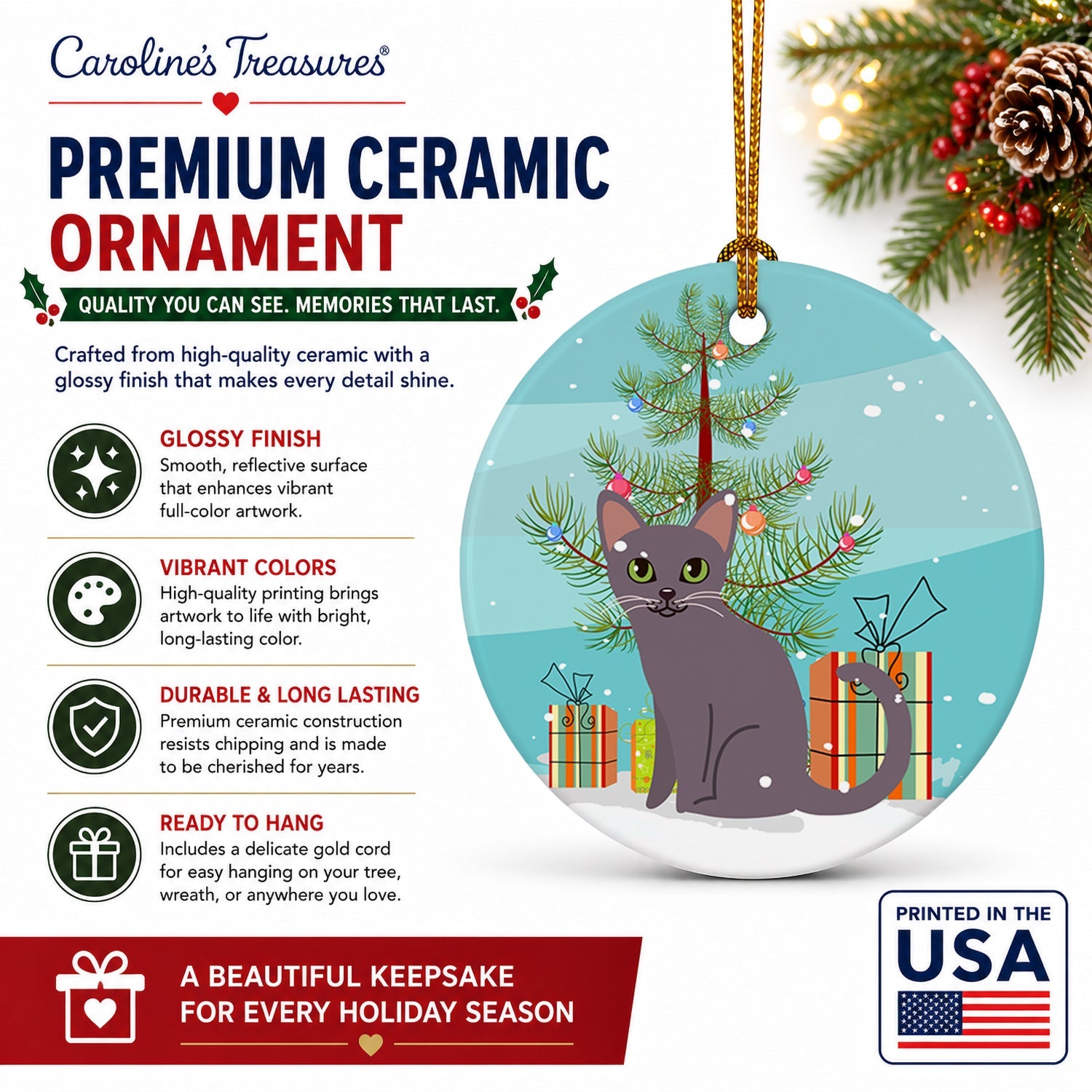 Korat Cat Merry Christmas Tree Ceramic Ornament Christmas Tree Hanging Decorations for Home Christmas Holiday, Party, Gift, 3 in, Multicolor